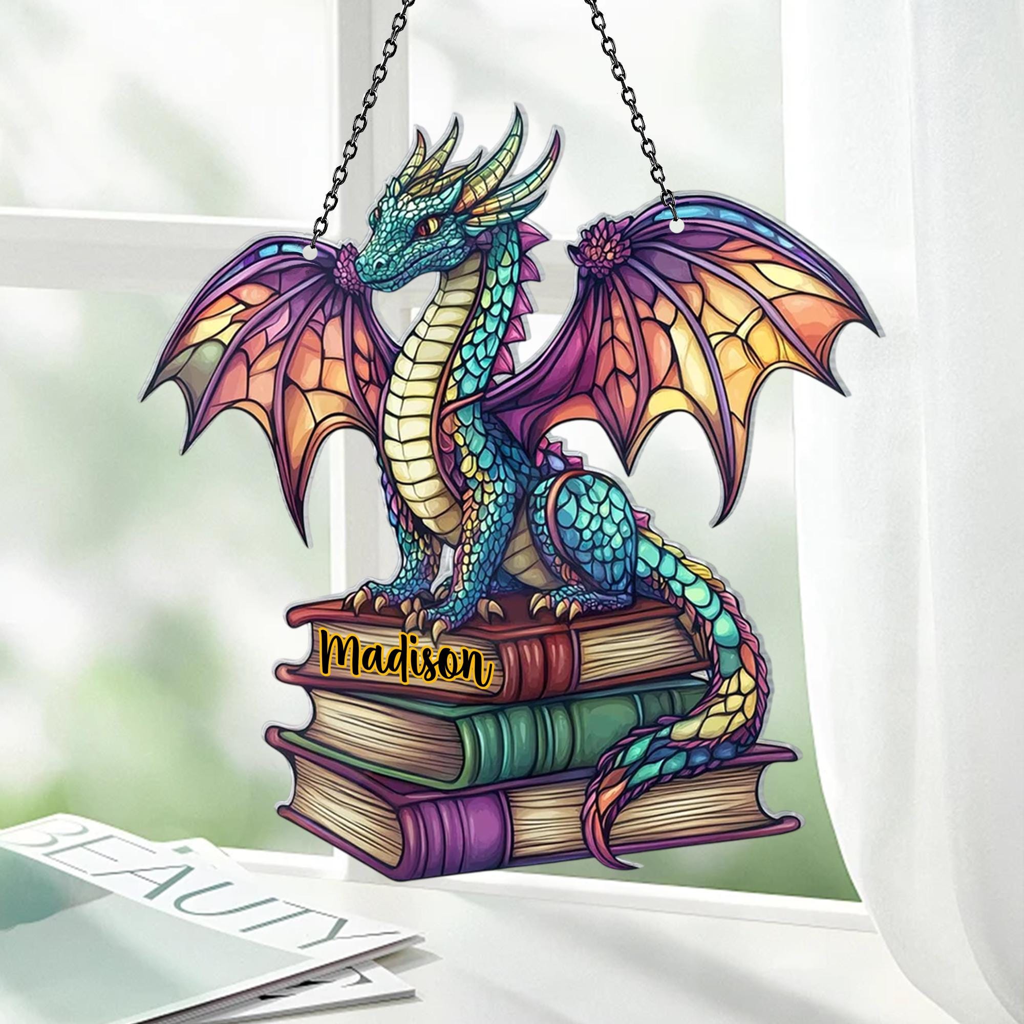 Ornamento acrilico personalizzato a forma di drago con libro, ornamento da appendere a forma di drago con libro di lettura fantasy, regali per amanti