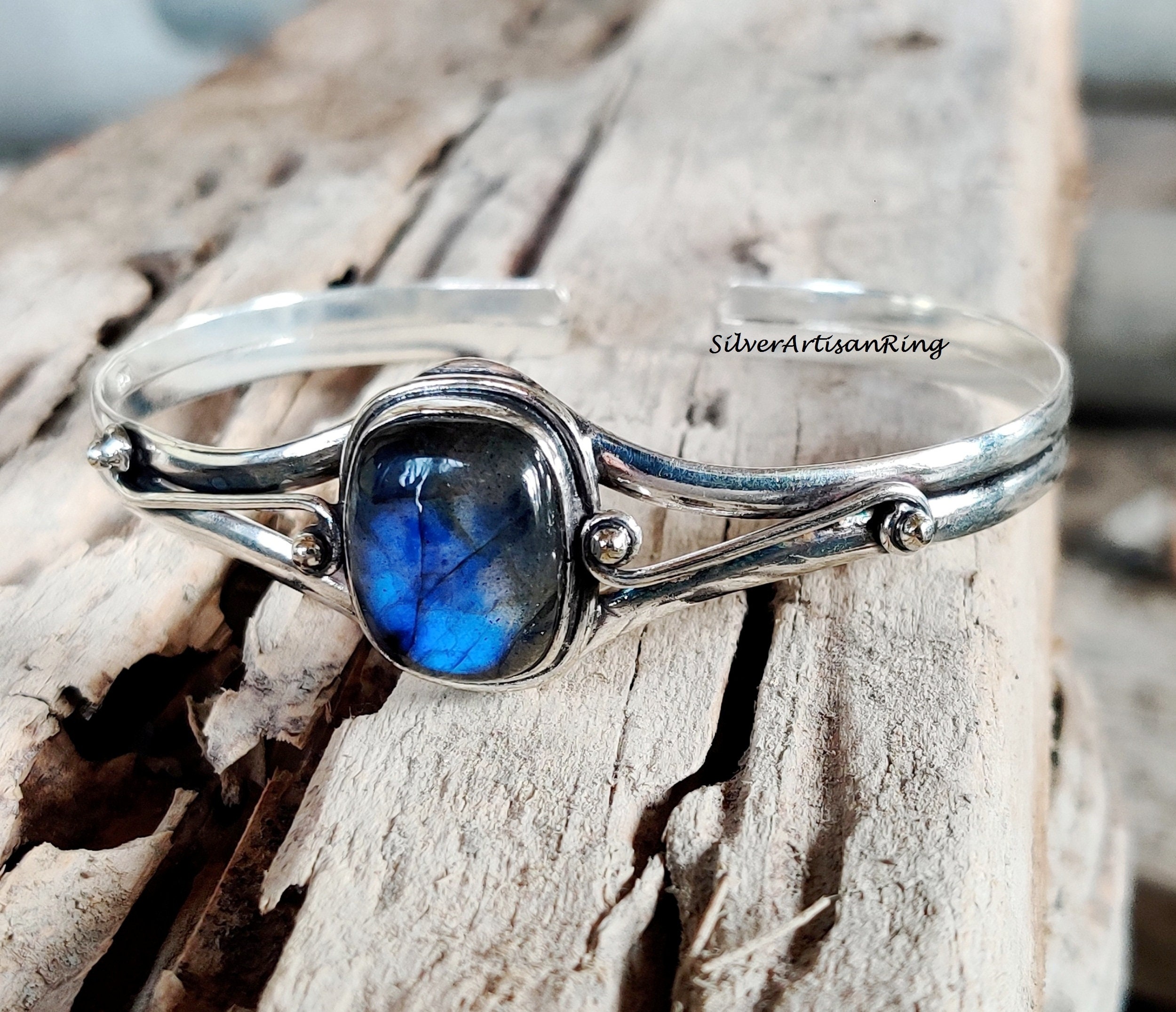 Bracciale in labradorite naturale, bracciale in argento 925, riflesso blu, bracciale con pietre preziose, bracciale regolabile, bracciale splendido, b