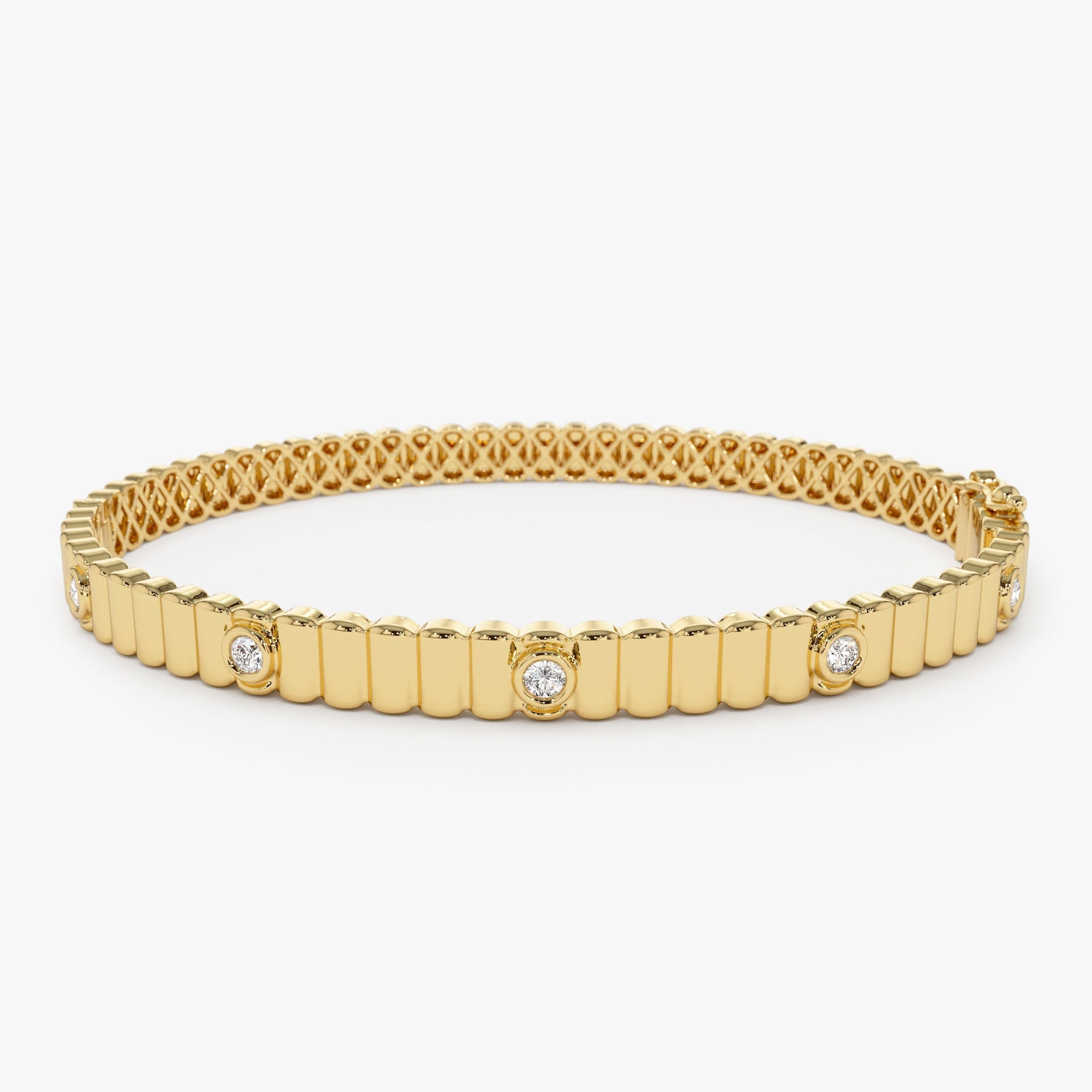 Bracciale rigido con barra d'oro, bracciale rigido scanalato in oro 14K, bracciale rigido con castone a coste, bracciale rigido in oro con diamanti a