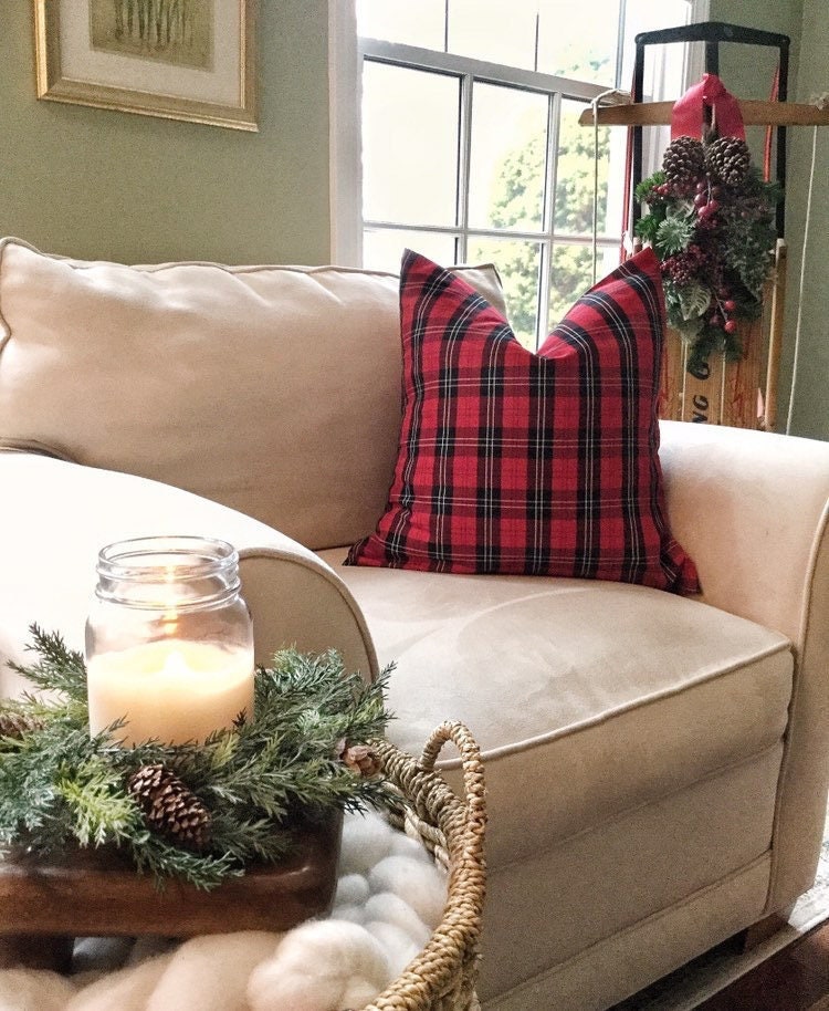 Federa per cuscino NATALE, Federa per cuscino a quadri rossi, Federa per cuscino a quadri tartan. Federa per cuscino a quadri rossi e neri per cuscino