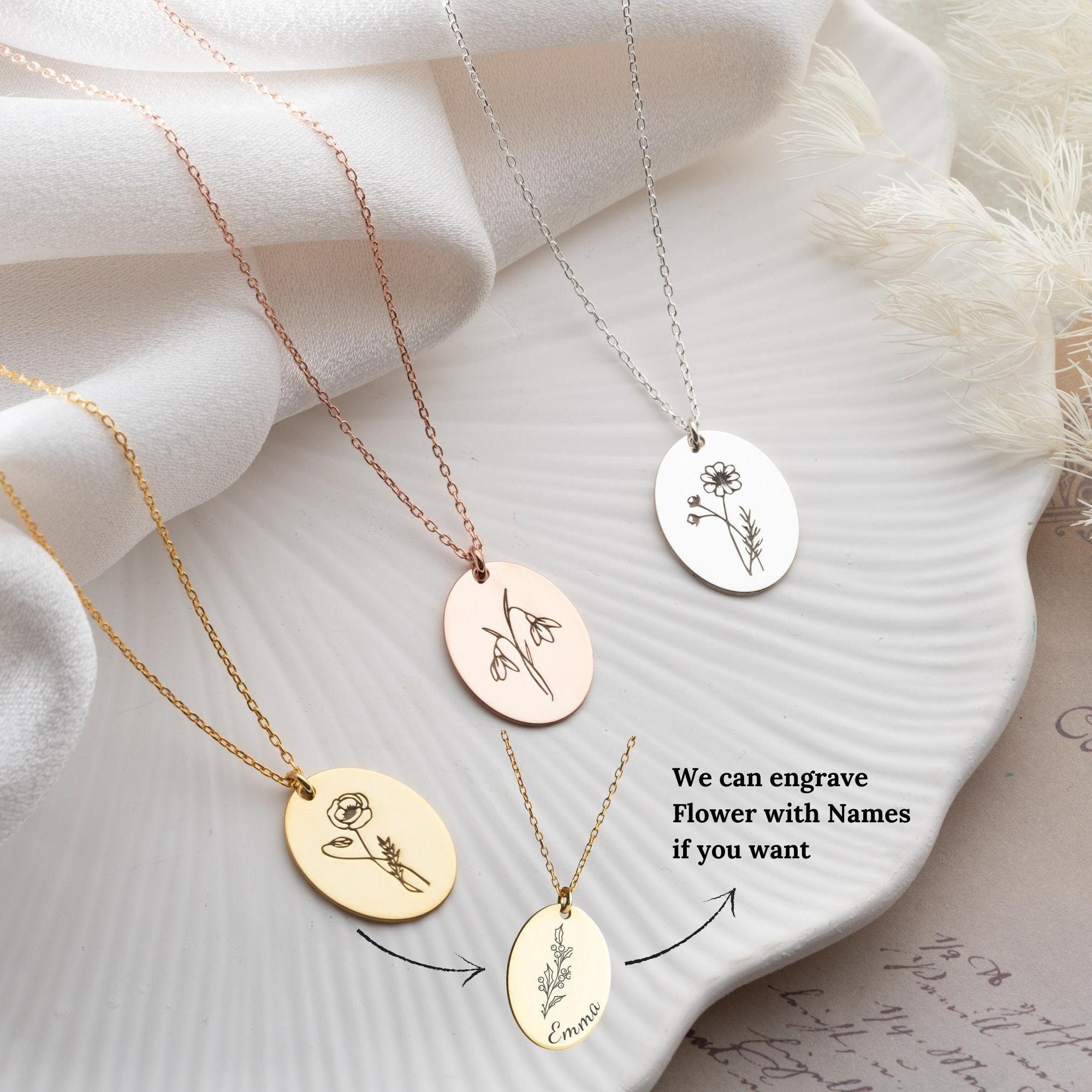 Collana ovale con fiore di nascita e disco inciso con fiore di nascita, collana con fiore del mese di nascita, collana con fiore di nascita personaliz
