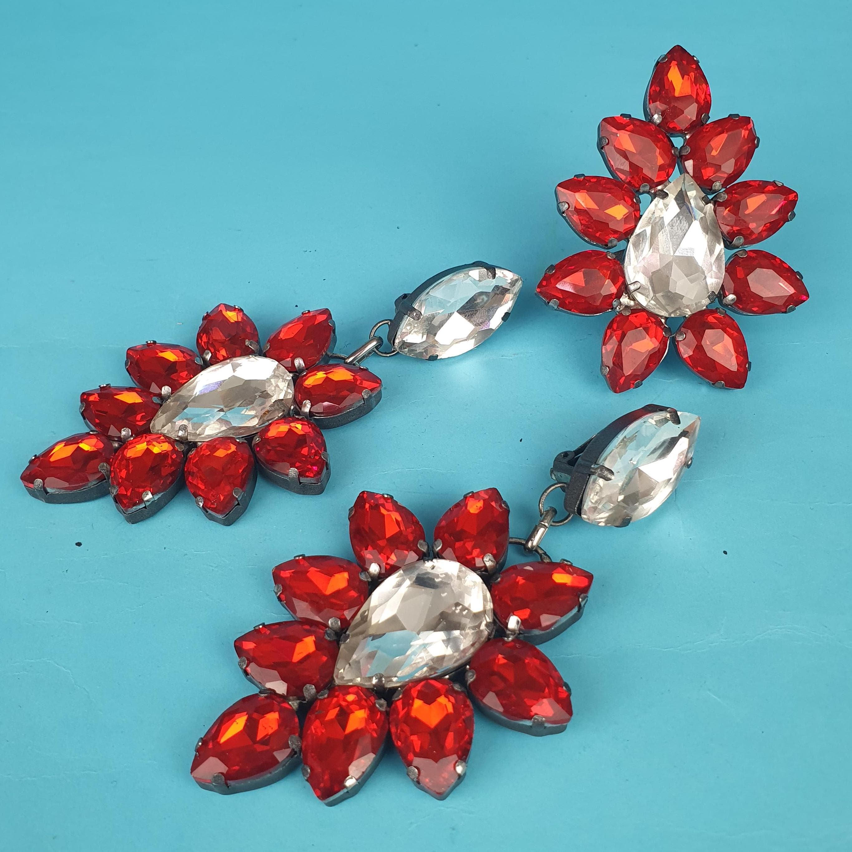 Set di orecchini e anello Giant Stage Drag, fatti a mano nel Regno Unito, orecchini con clip in cristallo, anello regolabile in cristallo, bigiotteria