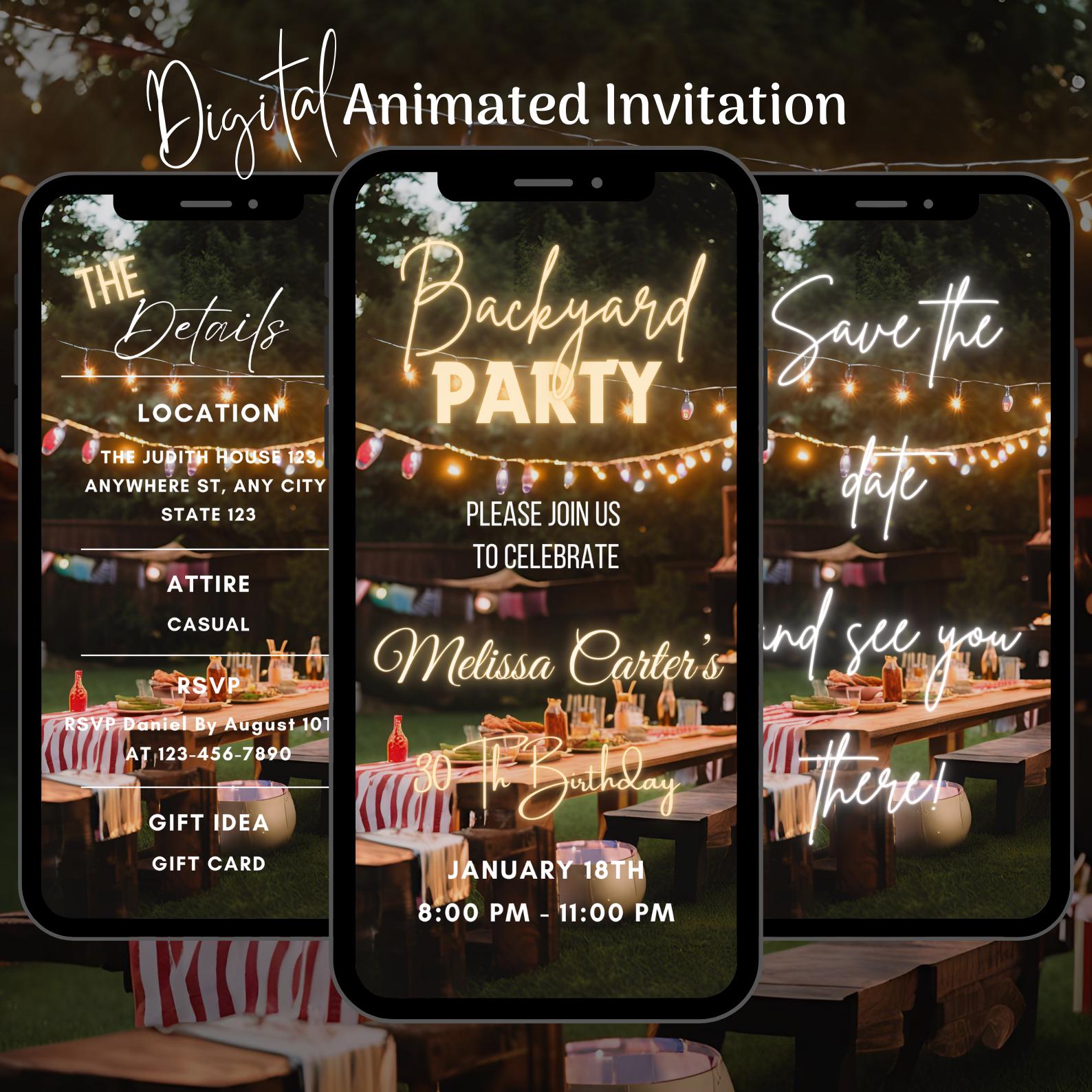 Invito digitale modificabile per festa di compleanno in giardino, invito animato per barbecue in giardino, modello per invito a cena, invito video