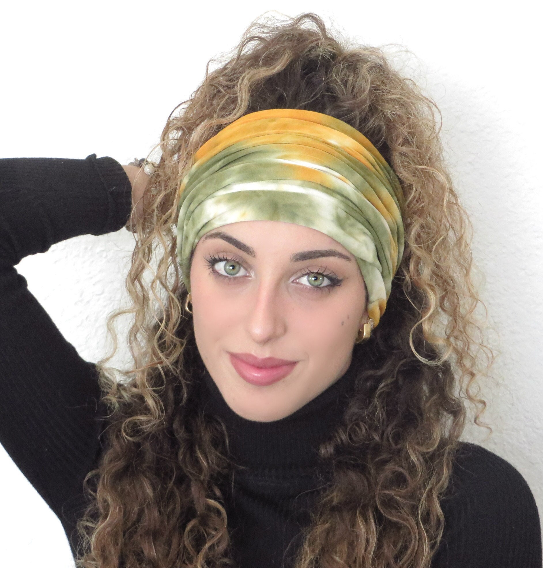 Fascia per capelli hippie, fascia per capelli boho, fascia per capelli larga, fascia per capelli yoga larga giallo-verde, fascia per capelli da donna,