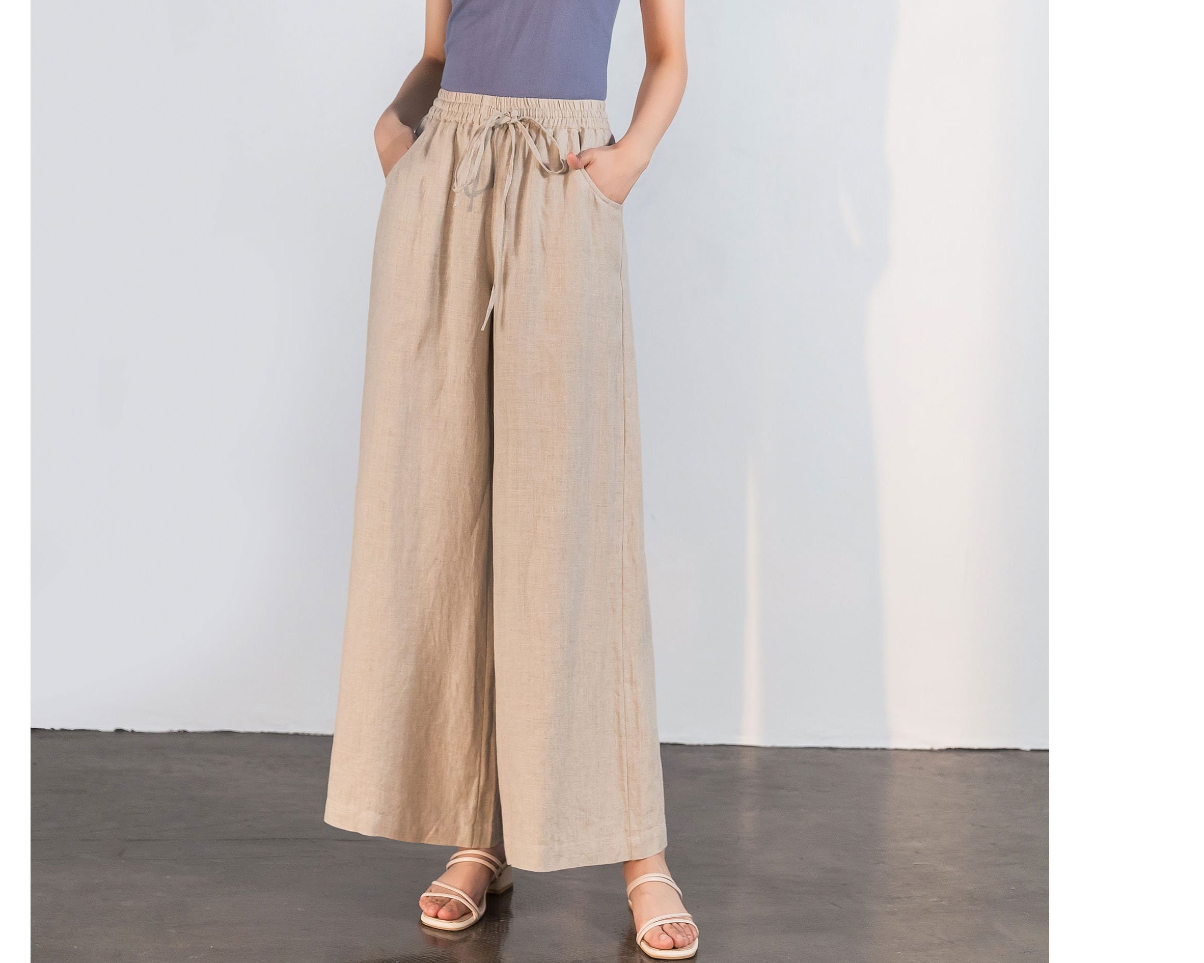 Pantaloni a gamba larga in lino, pantaloni da donna in lino, pantaloni a vita alta in lino, pantaloni lunghi in lino, pantaloni in lino taglie forti,