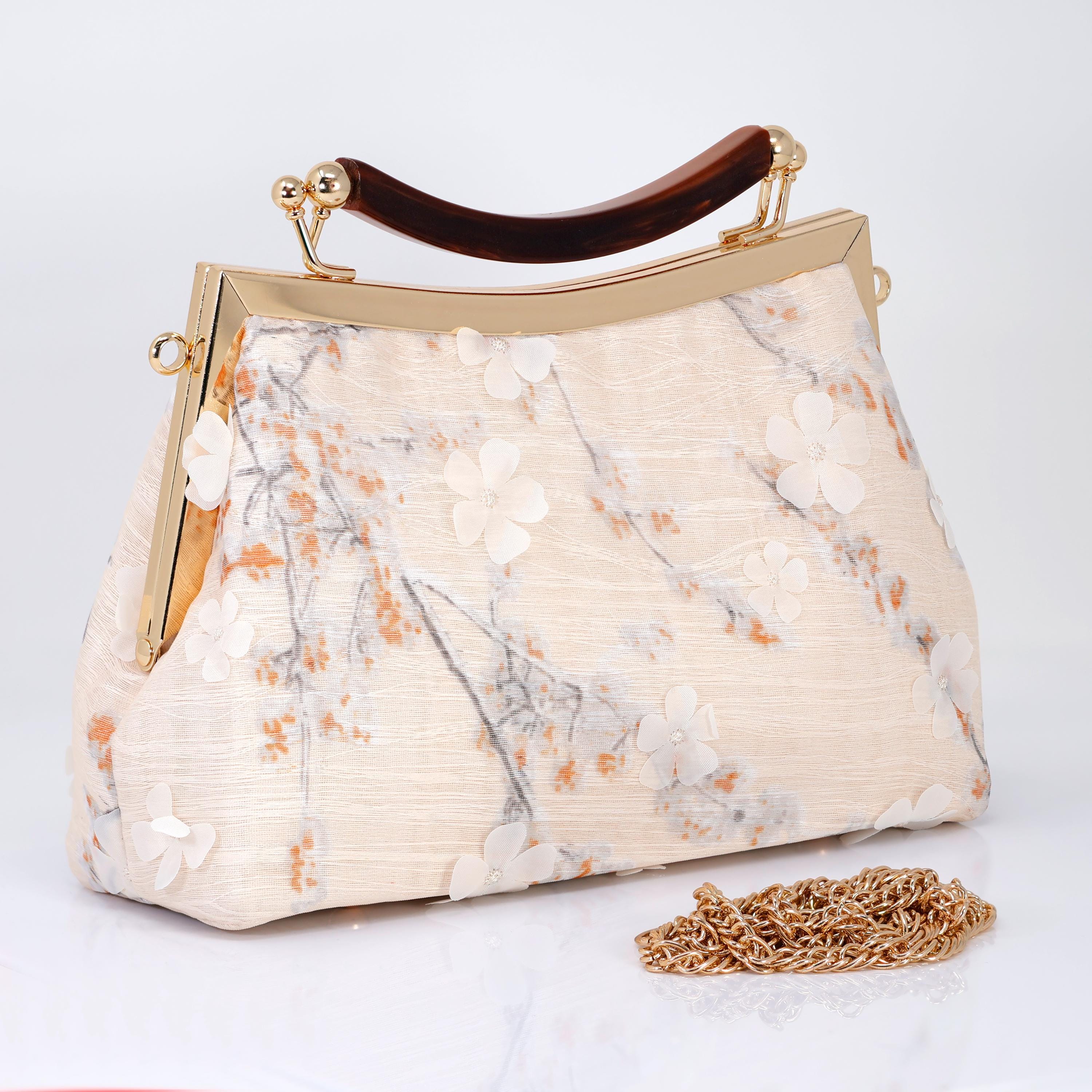 Borsa da sposa in pizzo floreale color crema e beige con fiori di ciliegio, borsa vistosa, pochette da sera, pochette da sposa, pochette da sposa, bor