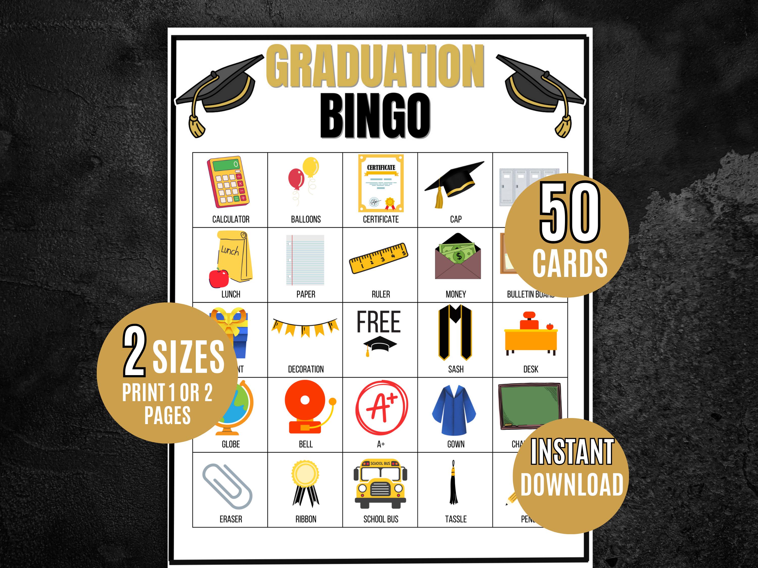 Bingo di laurea, 50 cartelle da stampare per il bingo di laurea, stampabili per bambini, gioco di società, attività del bingo, gioco di laurea, bingo