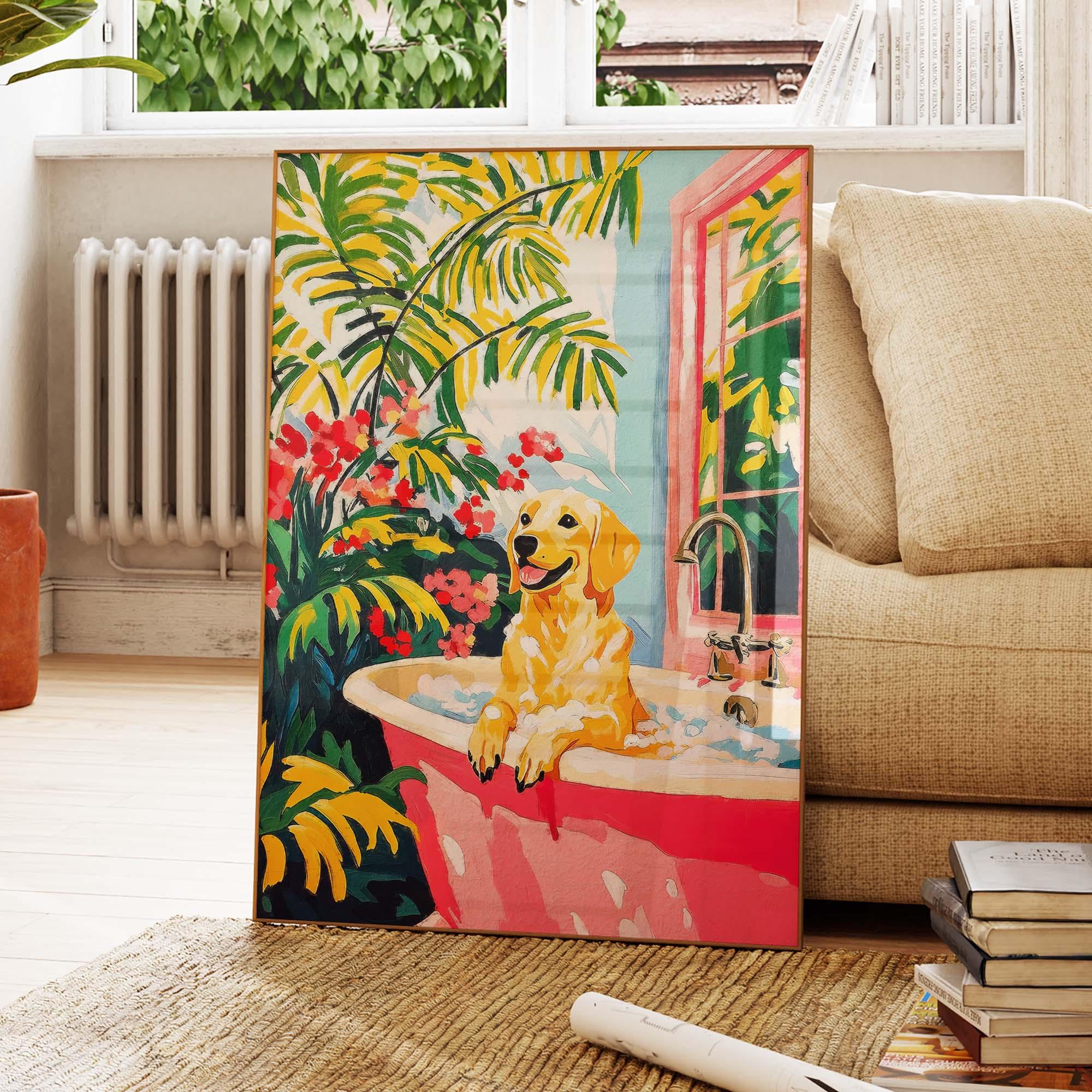 Stampa Labrador nella vasca da bagno, stampa cane divertente, decorazione tropicale rosa dopamina, divertente decorazione murale per il bagno, stampa