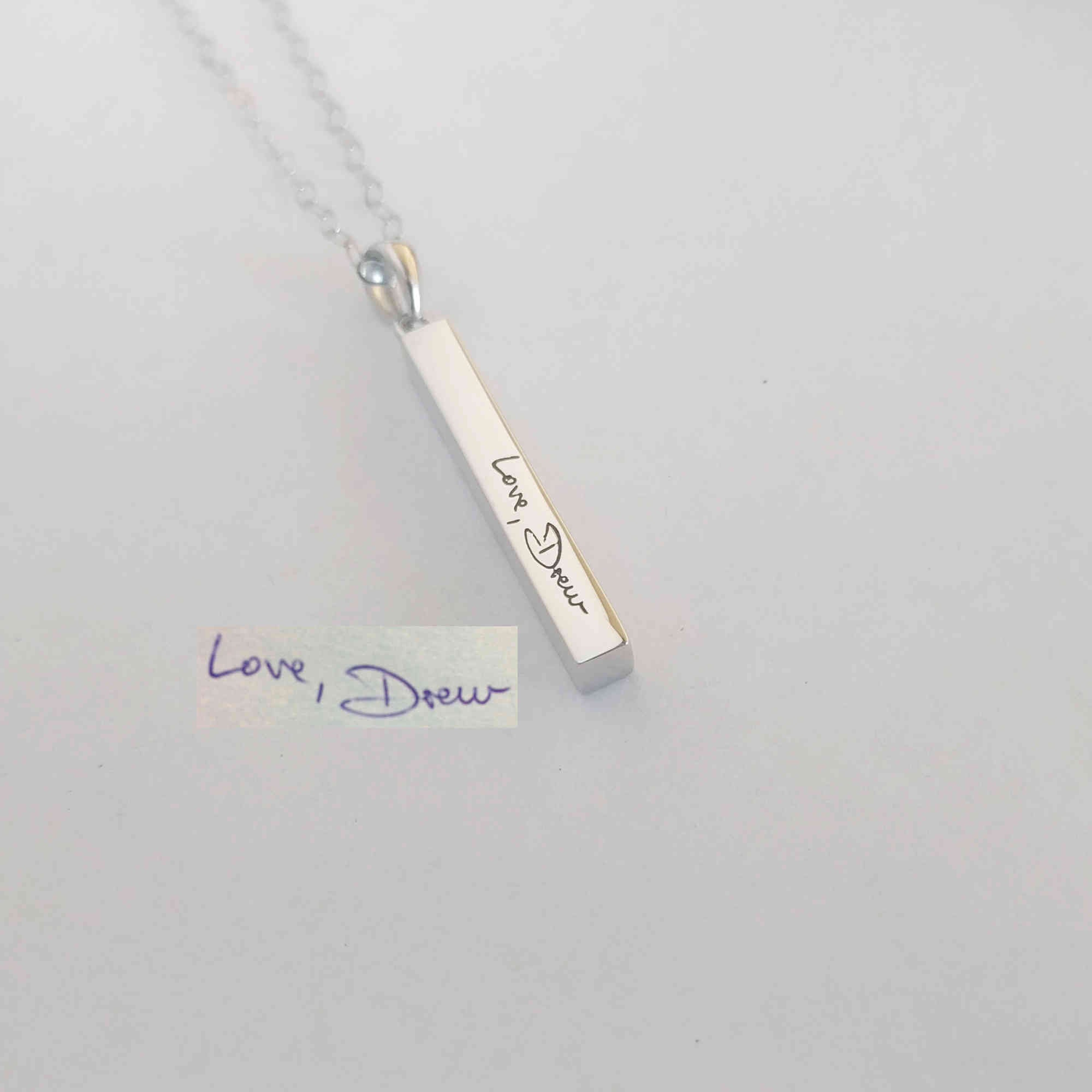 Collana con barra per scrittura a mano, collana con barra verticale per scrittura a mano, collana in argento con scrittura a mano, collana con firma p