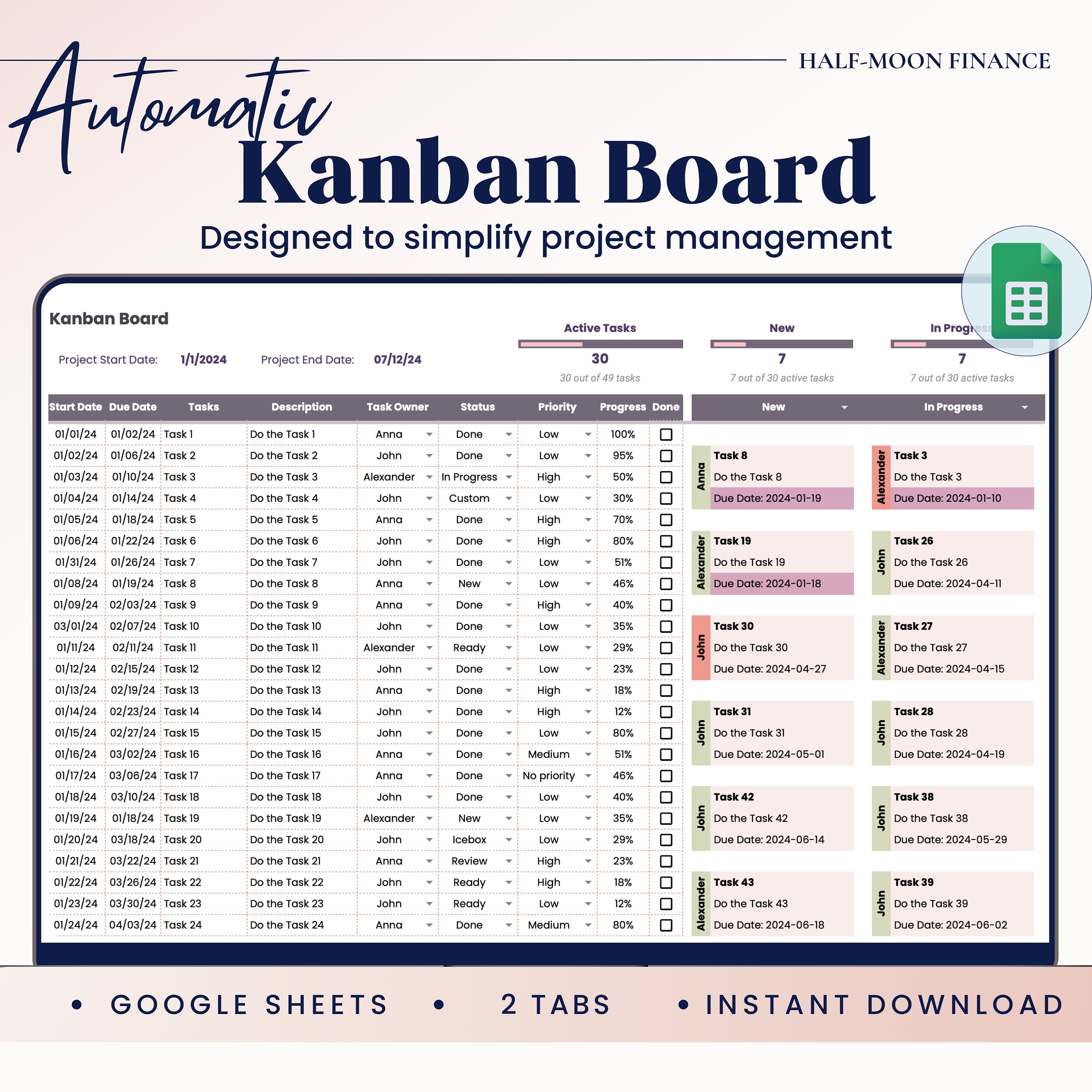 Modello di bacheca Kanban in Fogli Google, Task Tracker, Modello di monitoraggio della gestione dei progetti, Flusso di progetto automatizzato