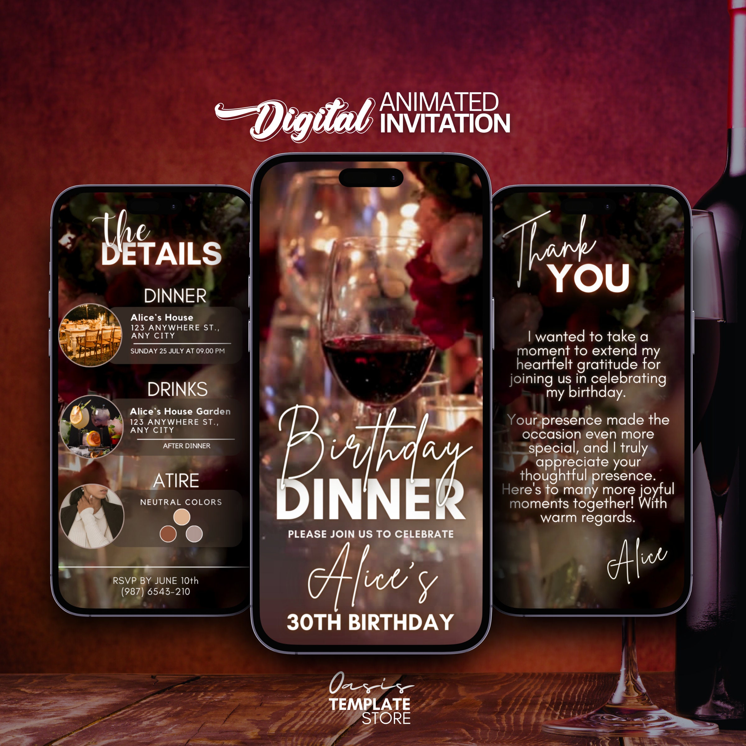 Invito a cena di compleanno, modello di invito a cena digitale, invito video a cena, modello di compleanno modificabile, invito a cena