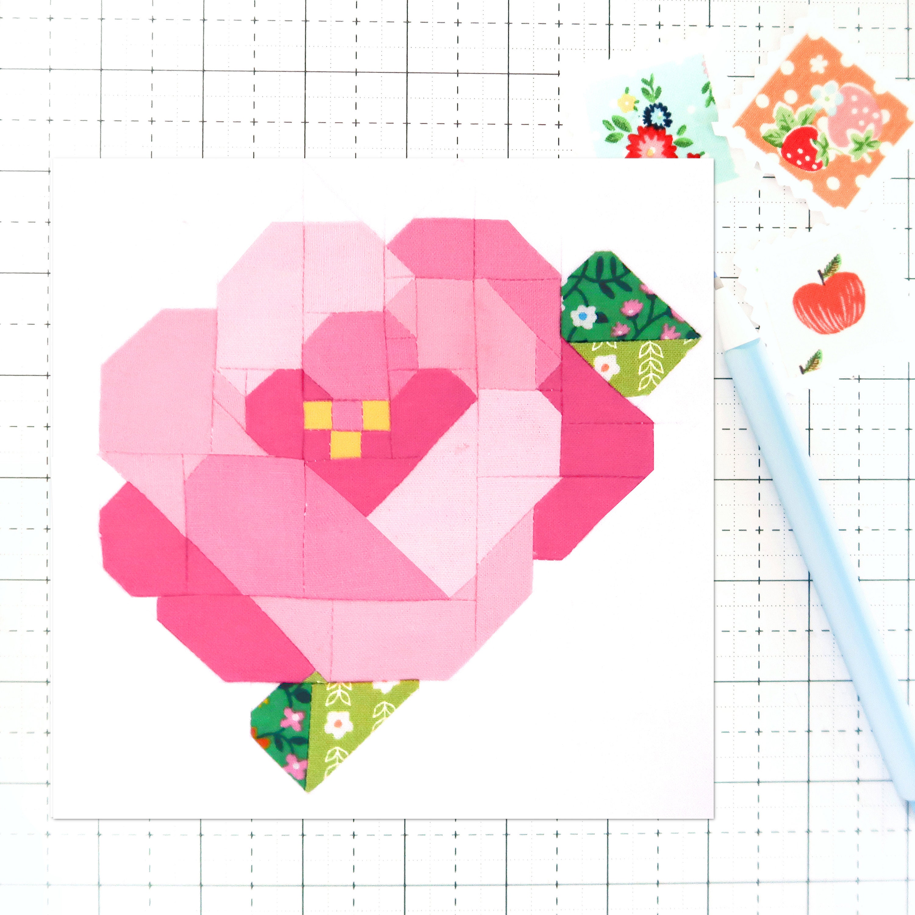 Modello di blocco per quilt Camellia Spring Flower Garden PDF - Istruzioni per blocchi da 6 pollici, 9 pollici, 12 pollici, 18 pollici, 24 pollici Tra