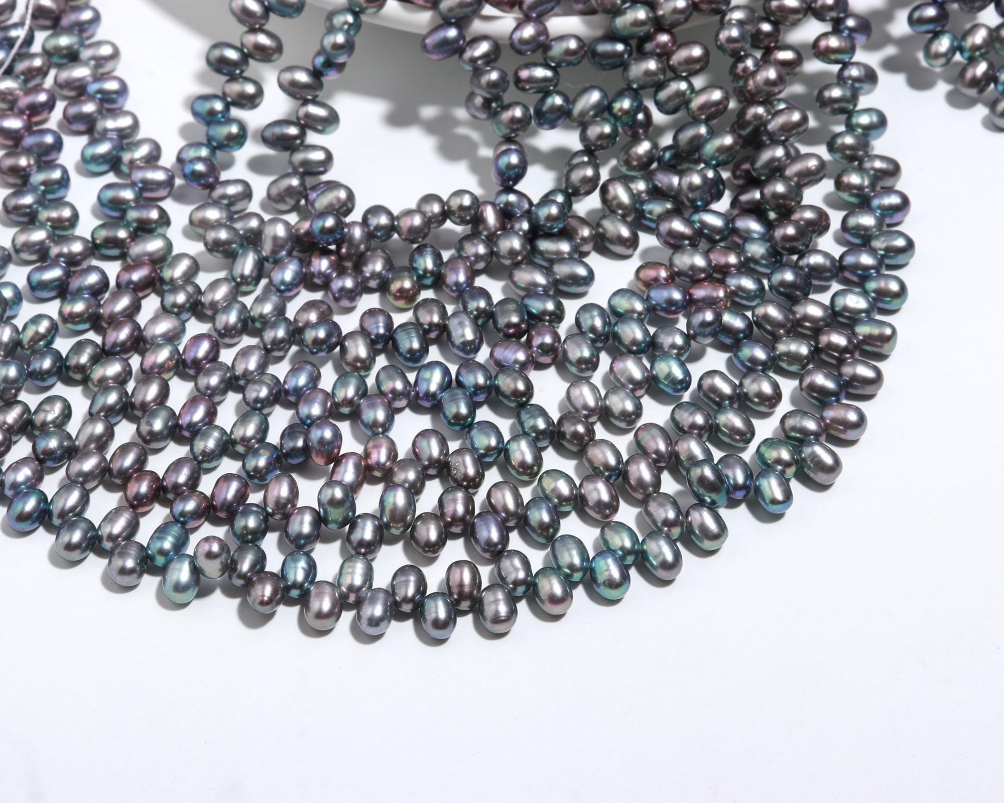 Perle d'acqua dolce ovali/riso forate lateralmente da 5 x 7 mm, color titanio naturale, perle d'acqua dolce autentiche, piccole perle d'acqua dolce da