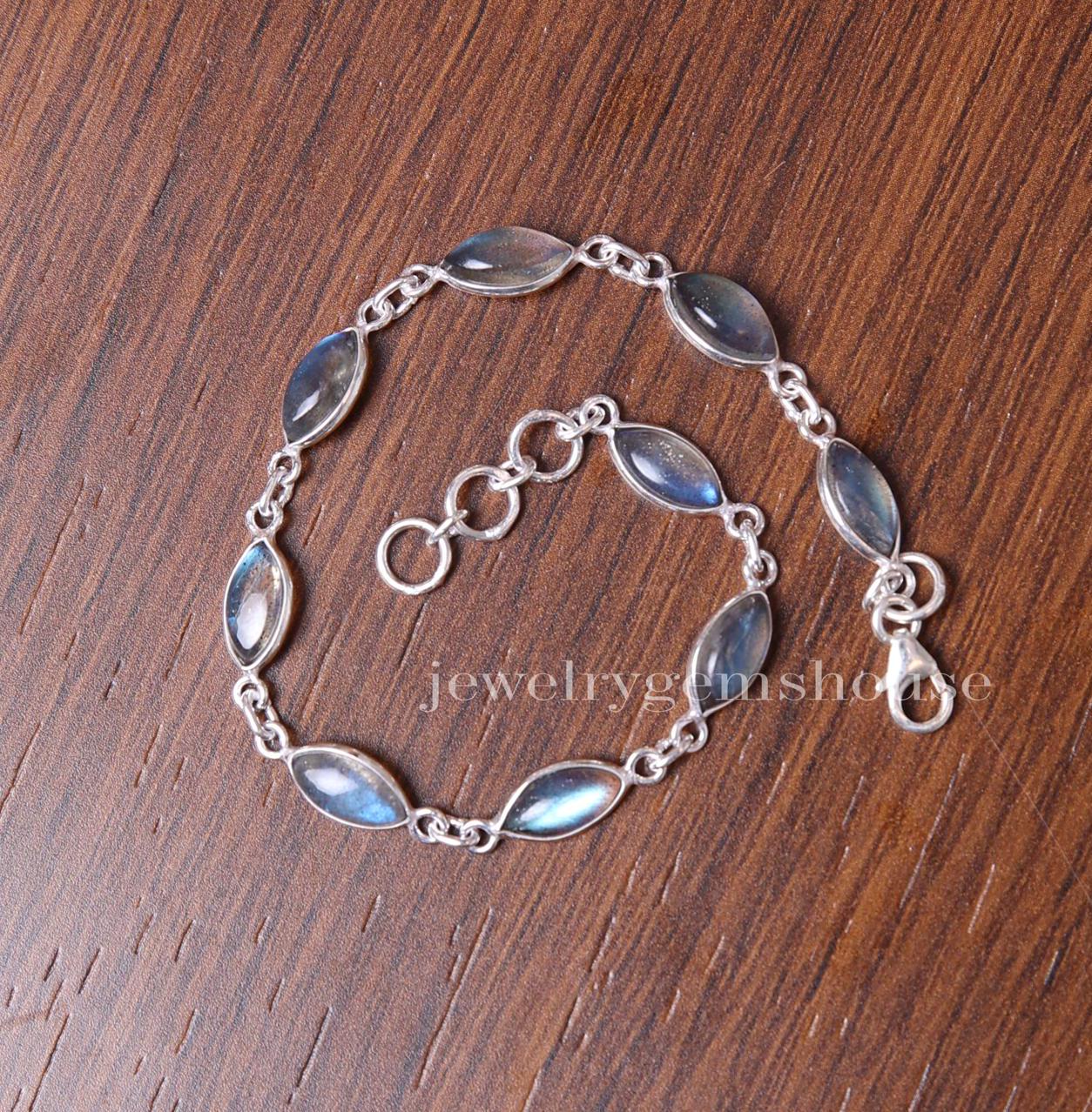 Bracciale in labradorite, bracciale in argento sterling 925, bracciale con pietre preziose Marquise, bracciale regolabile, bracciale per donna, regali