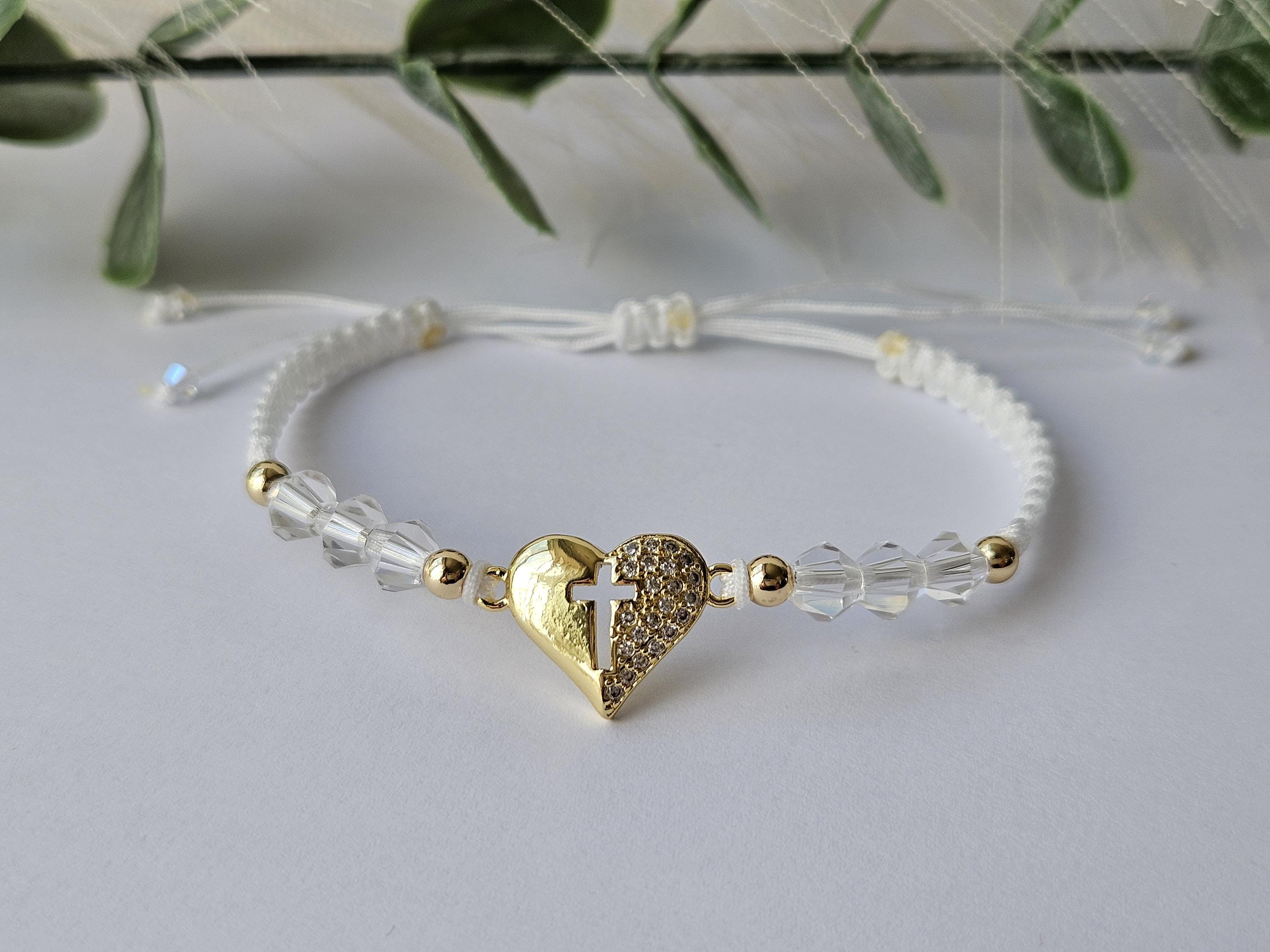 Bracciale con croce, 24 colori, Bracciale con croce a cuore, Bracciale con croce in macramè, Ciondolo a cuore dorato, Bracciale regolabile, Bracciale