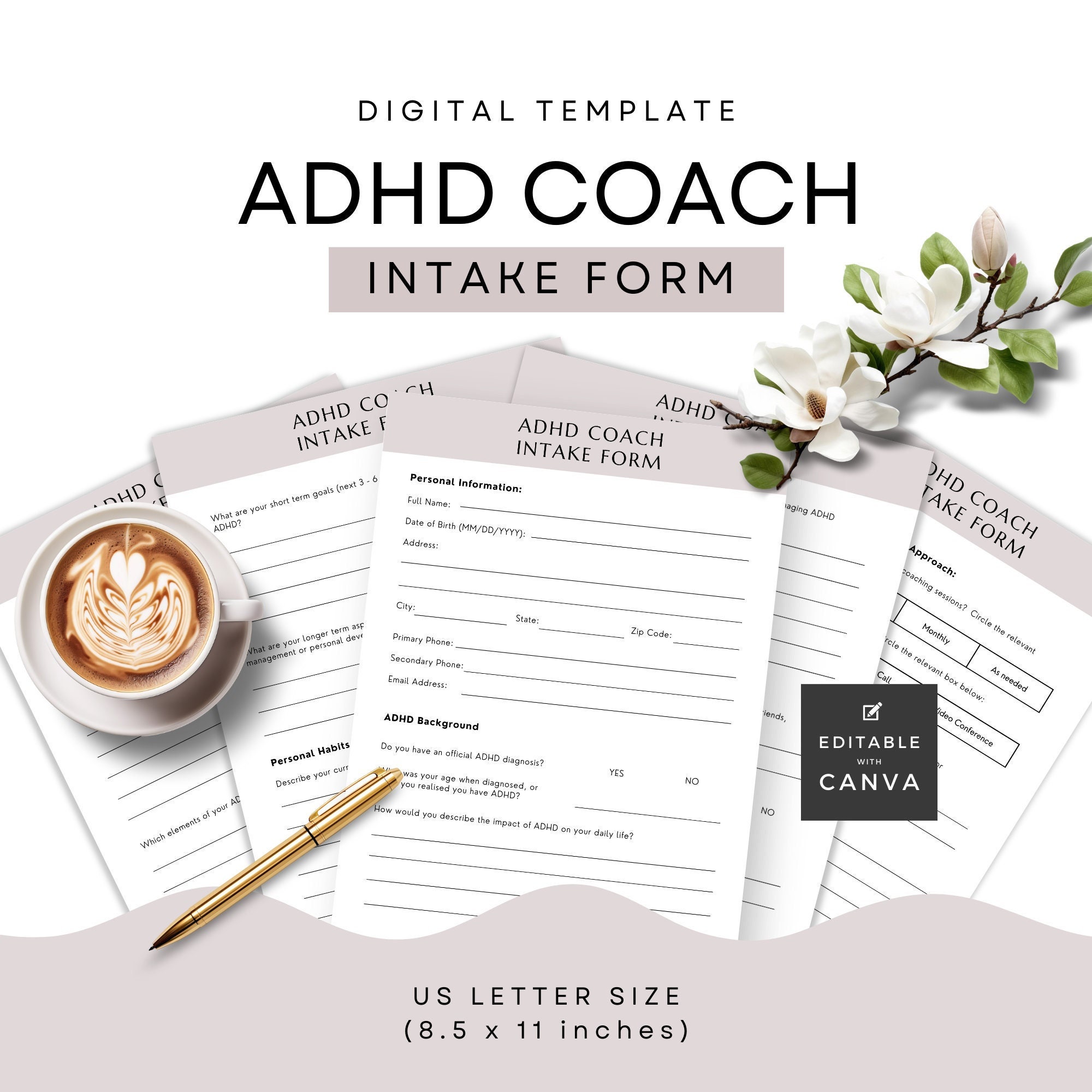 Modulo di assunzione per coach ADHD, modello Canva, onboarding clienti, strumenti aziendali per coach neurodivergenti, questionario clienti stampabile