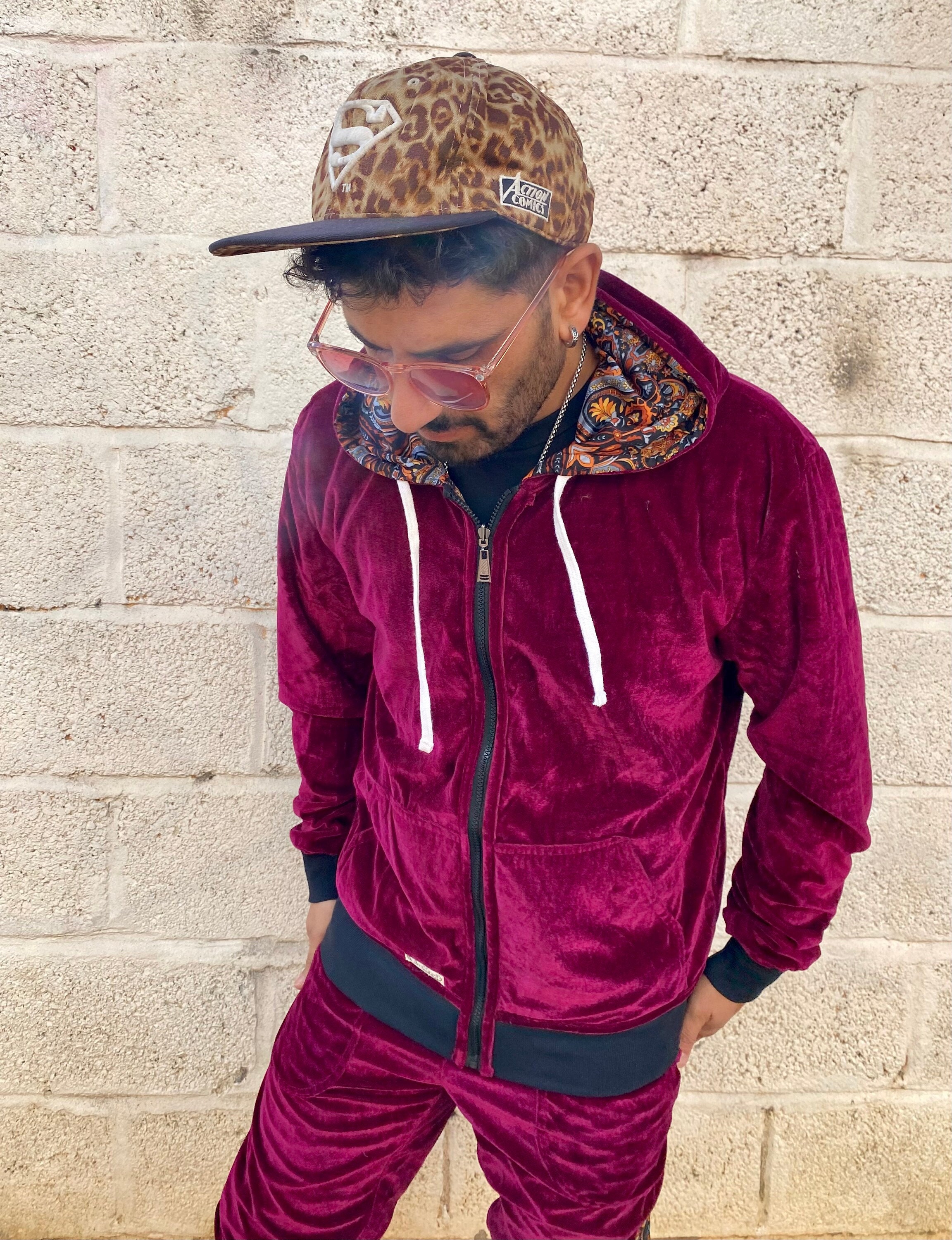 Felpa con cappuccio reversibile in velluto JACKFRUIT - Fucsia - Giacca da festival azteca kawaii Abbigliamento anni '80 Tuta in velluto Fresh Prince B