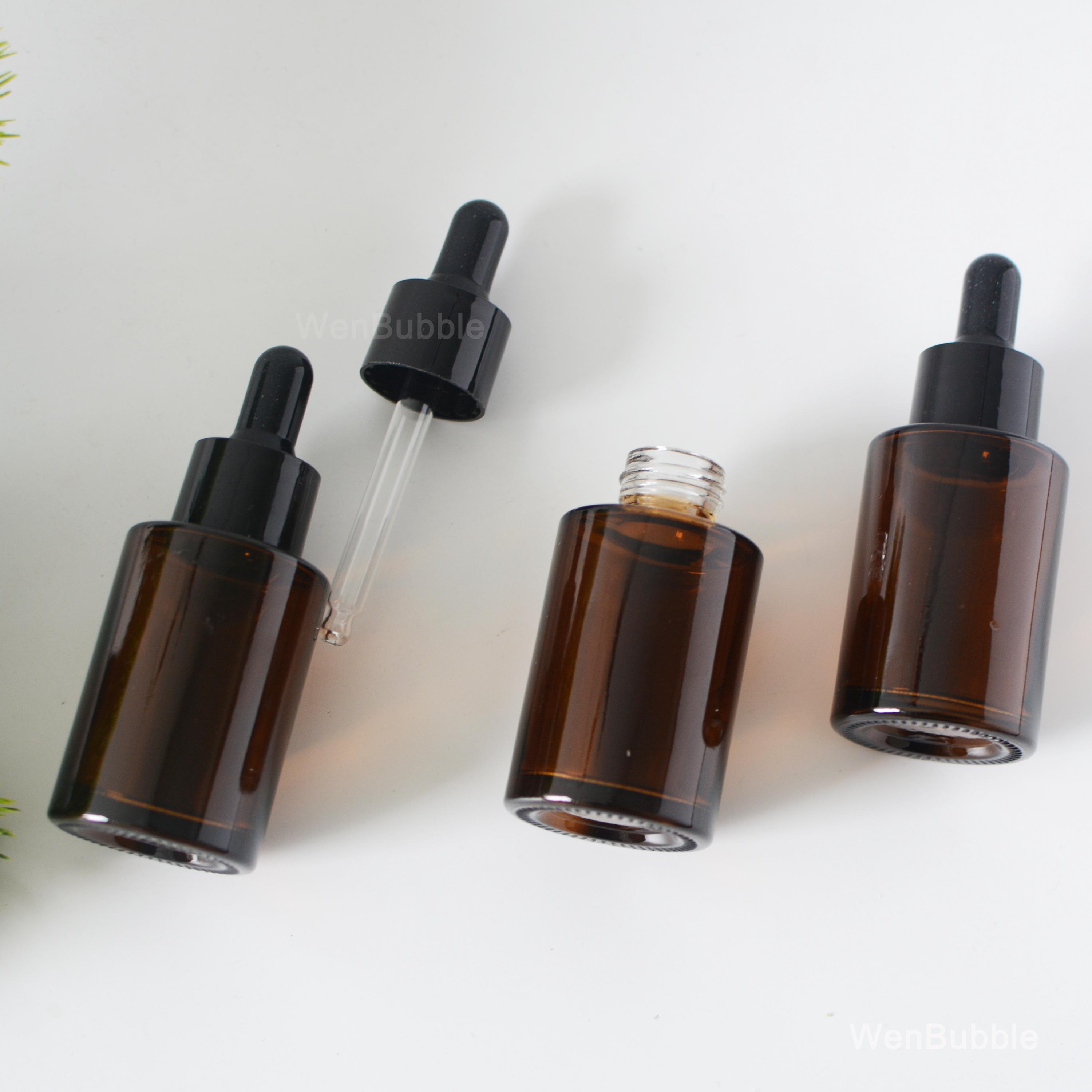 1-200 pezzi 30 ml 1 oz flacone contagocce per siero di olio essenziale in vetro ambrato lucido, flacone per pipetta piatta per la cura della pelle e d