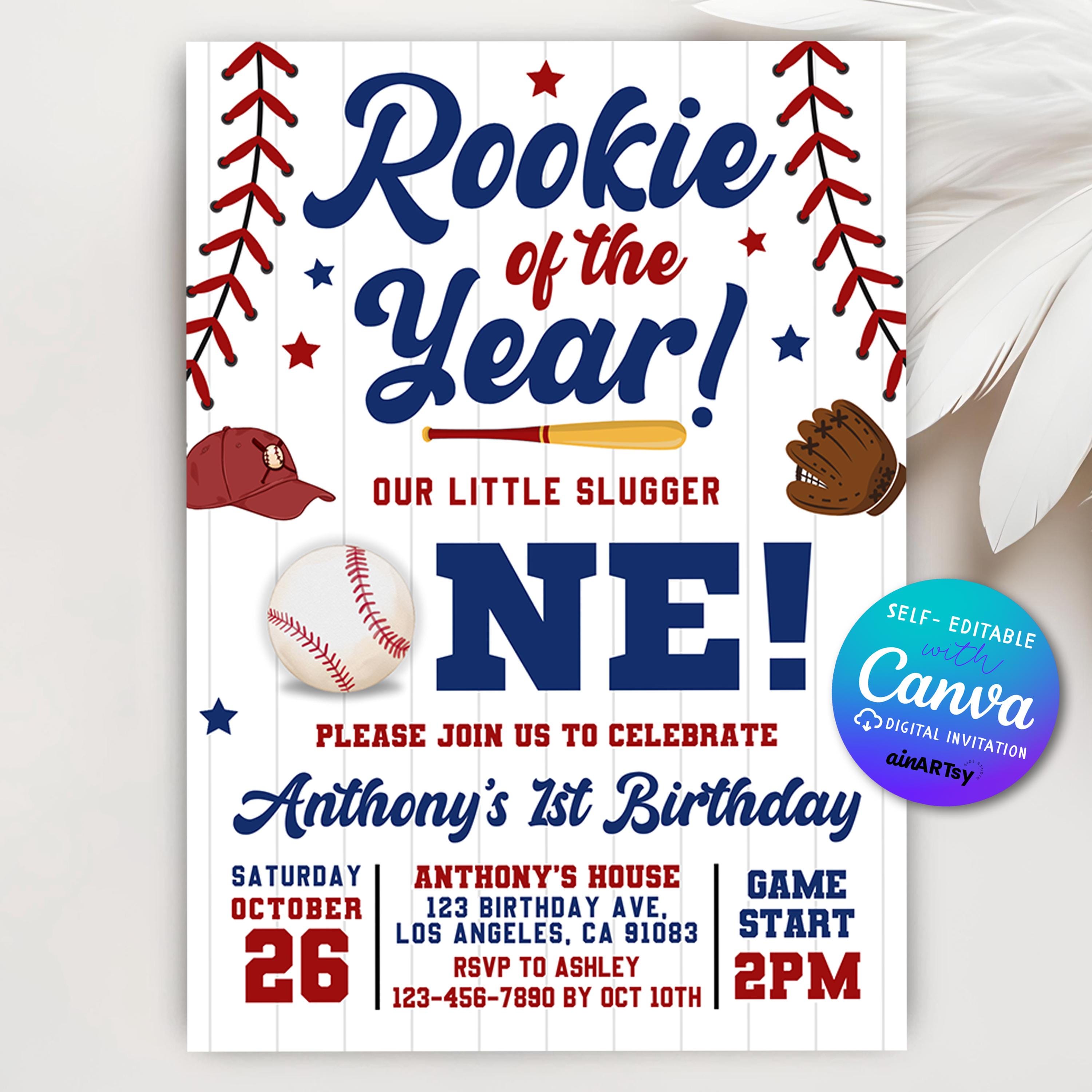 Invito di compleanno di baseball, invito di primo compleanno di baseball, invito di compleanno di baseball per principianti dell'anno, modello Canva m