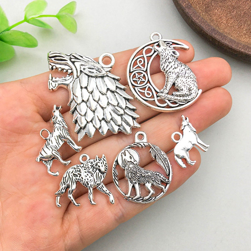 10/12 pezzi ciondolo a forma di testa di lupo in argento antico con luna e lupo, per gioielli fai da te, orecchini fatti a mano, collana, bracciale, a