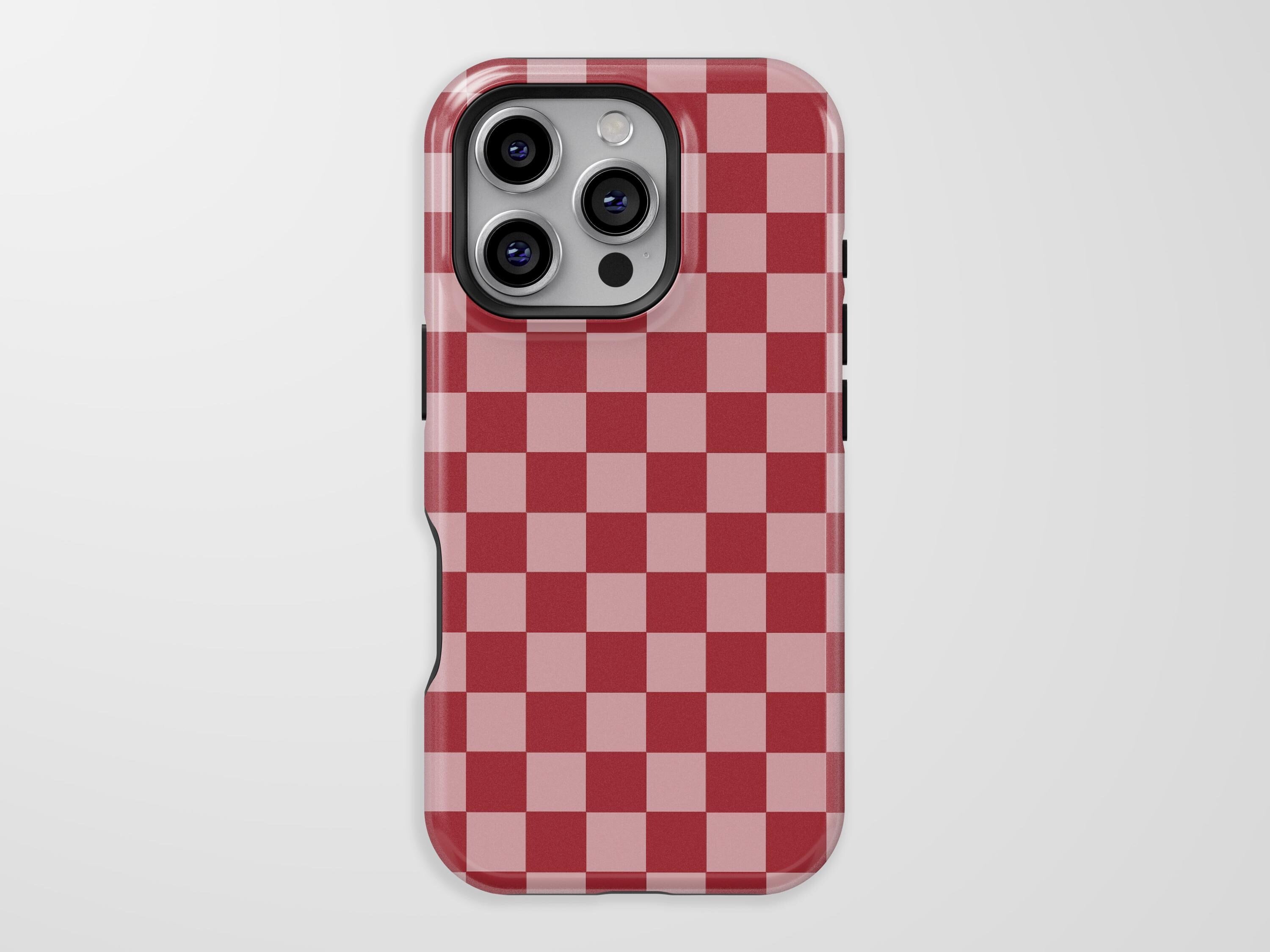 Custodia per telefono a scacchiera rossa: cover retrò a scacchi rosa per iPhone + MagSafe, Pixel e modelli Samsung