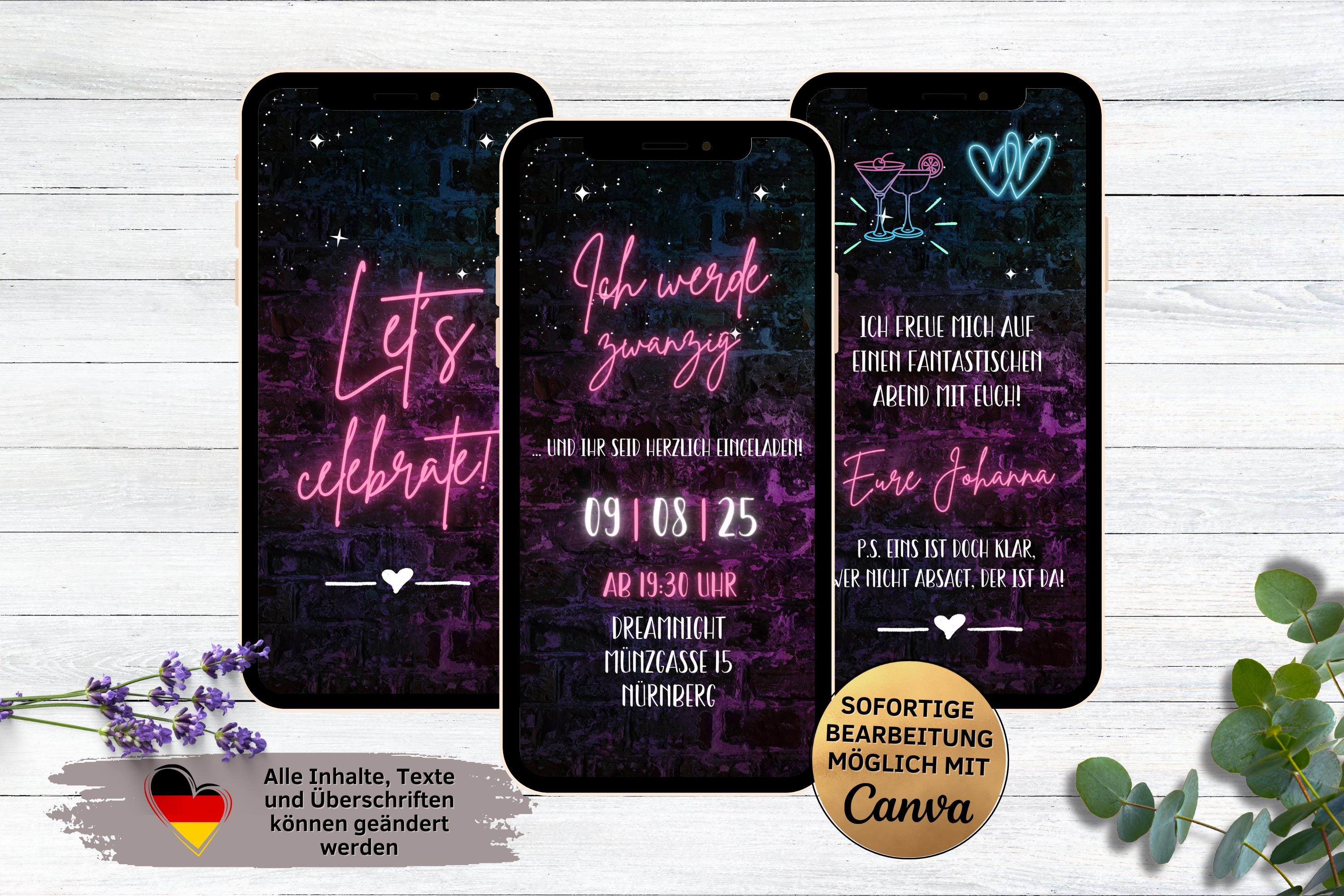 eCARD Invito per festa di compleanno Neon Pink Wall | Biglietto d'invito per 18, 20, 30, 40 e 50 anni. Invito di compleanno WhatsApp digitale per donn