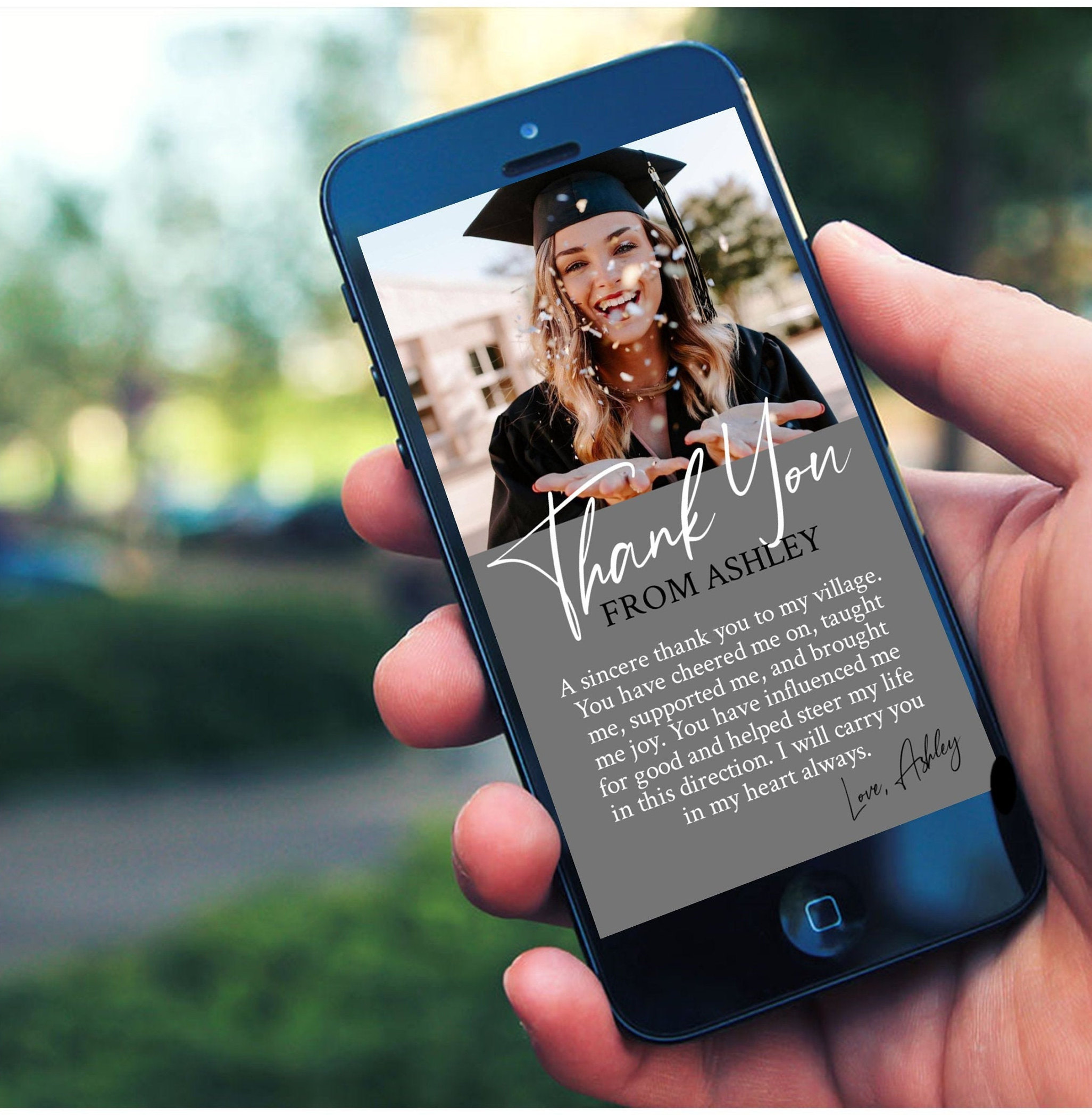 Modello di biglietto di ringraziamento per laurea, ringraziamento digitale modificabile, testo di ringraziamento per laurea, foto di ringraziamento, d