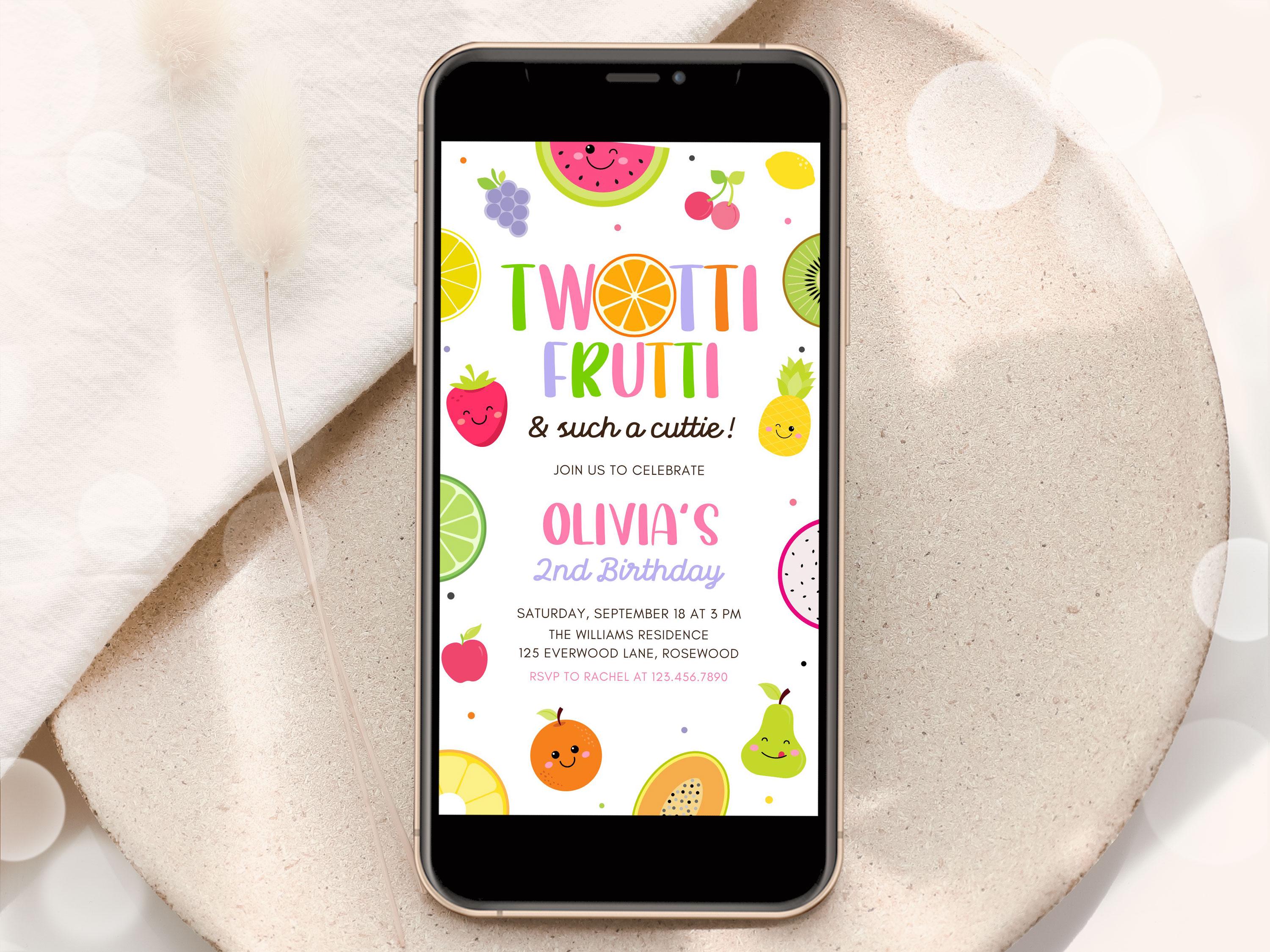 Invito per il secondo compleanno di Twotti Frutti, invito per il compleanno di una bambina (modello Canva)