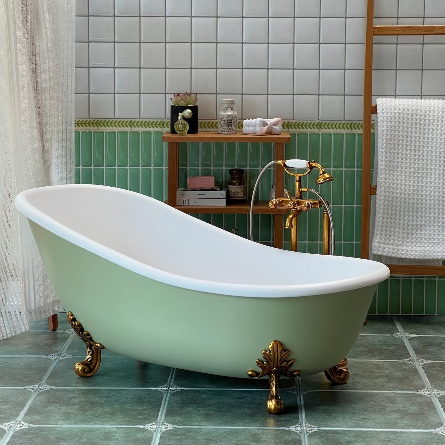 Vasca da bagno in miniatura in scala 1/6 per casa delle bambole, mini vasca da bagno con piedini vintage, piccola decorazione da bagno