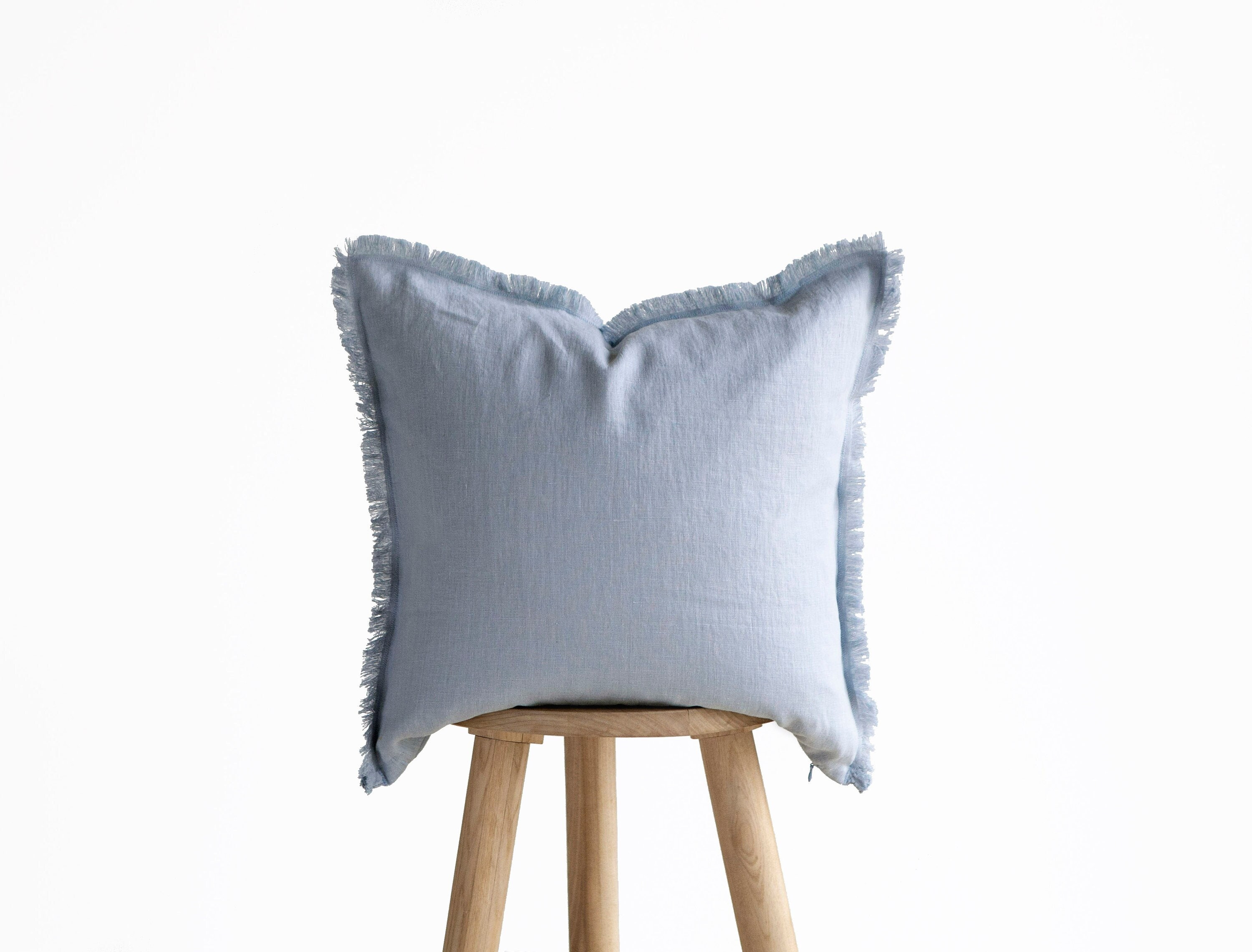 FEDERA PER CUSCINO con frange blu, federa per cuscino in lino blu, federa per cuscino con bordo grezzo, federa per cuscino su misura, federe per cusci