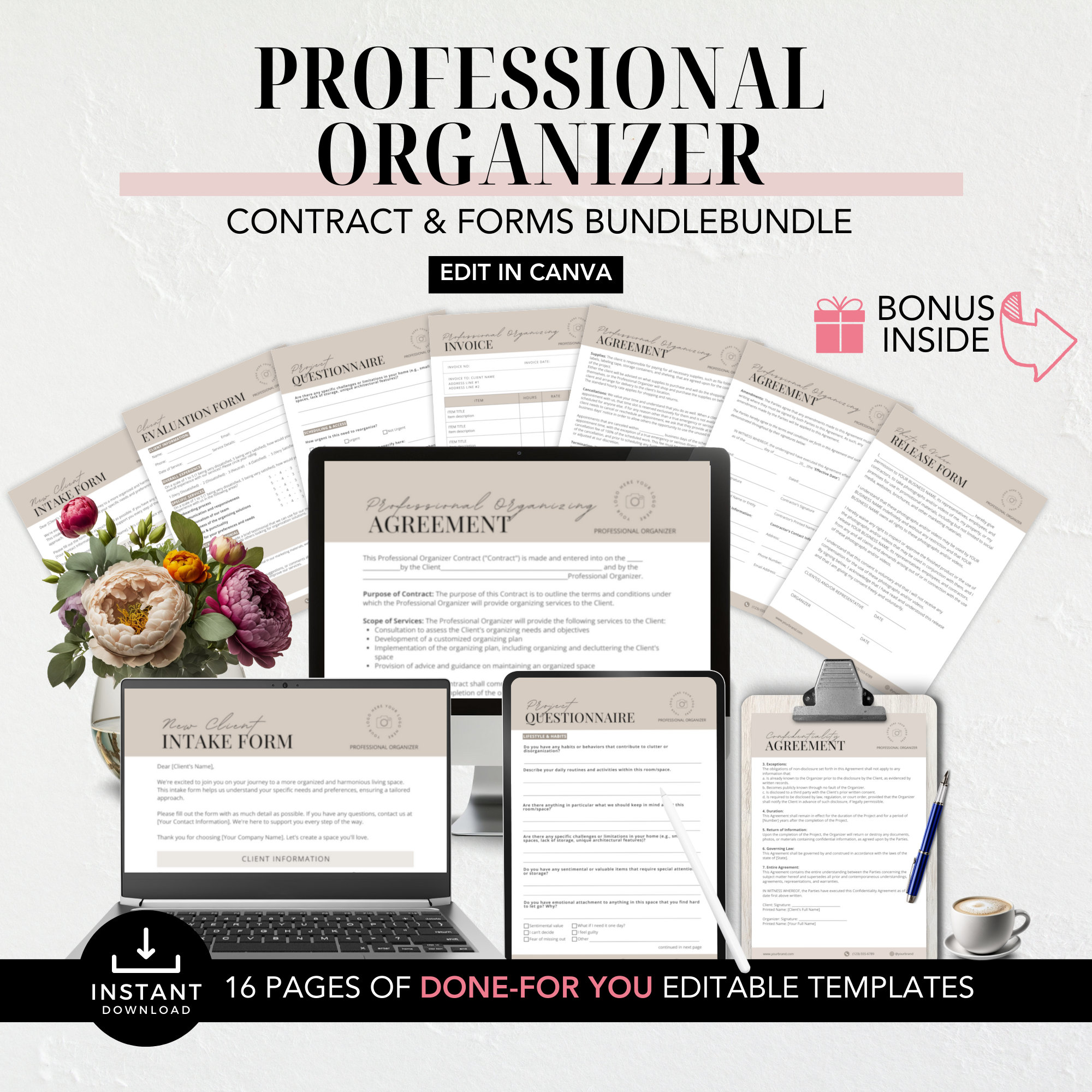 Modello di contratto professionale per l'organizzatore della casa, modulo di assunzione del cliente, contratto di servizio di organizzazione, modello