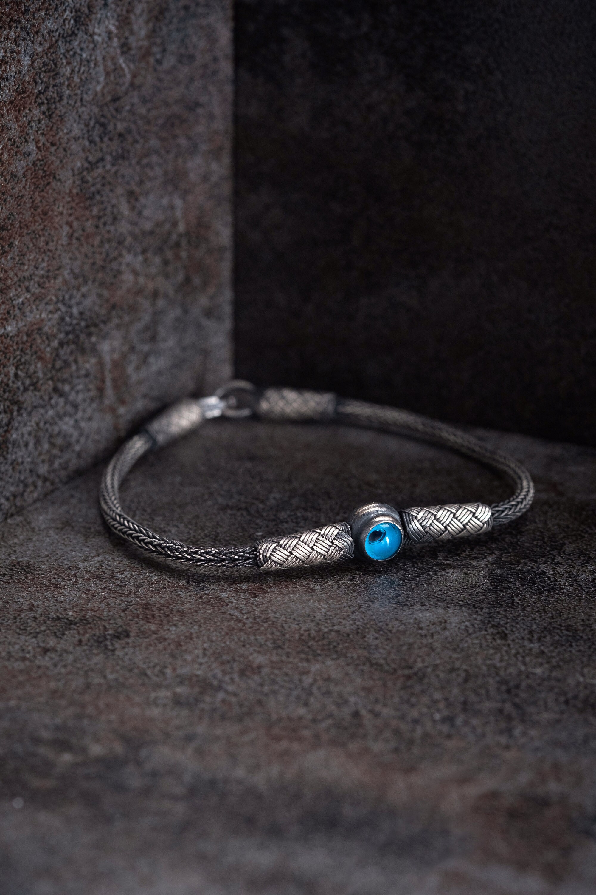 Bracciale intrecciato con perline anti-malocchio, bracciale da uomo in argento 999 lavorato a maglia, bracciale intrecciato protettivo, bracciale con
