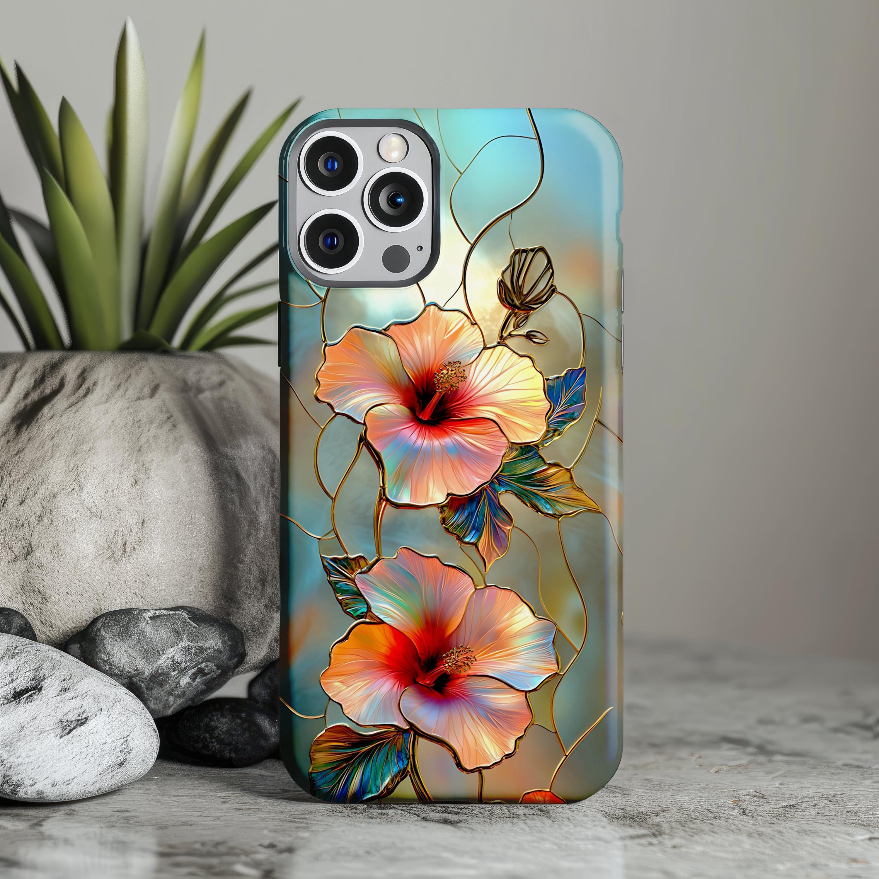 Custodia per telefono resistente con motivo floreale delicato di ibisco, stile vetrate artistiche, per iPhone, Samsung Galaxy, Google Pixel, custodia