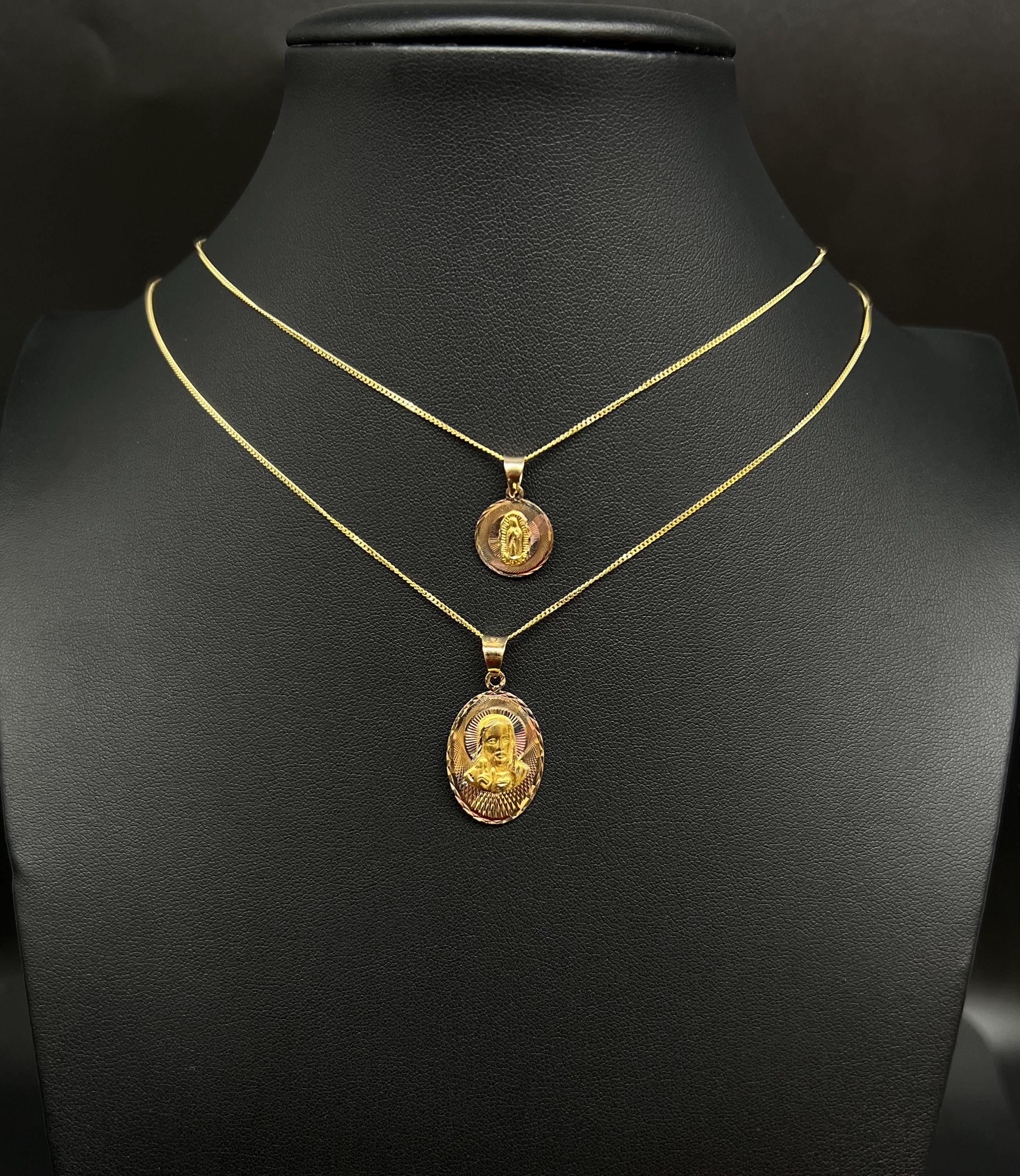 Collana con ciondolo Guadalupe in oro vero 14k, ciondolo Gesù in oro vero 14k, ciondolo a doppia faccia in oro 14k, catena cubana Miami in oro vero ma