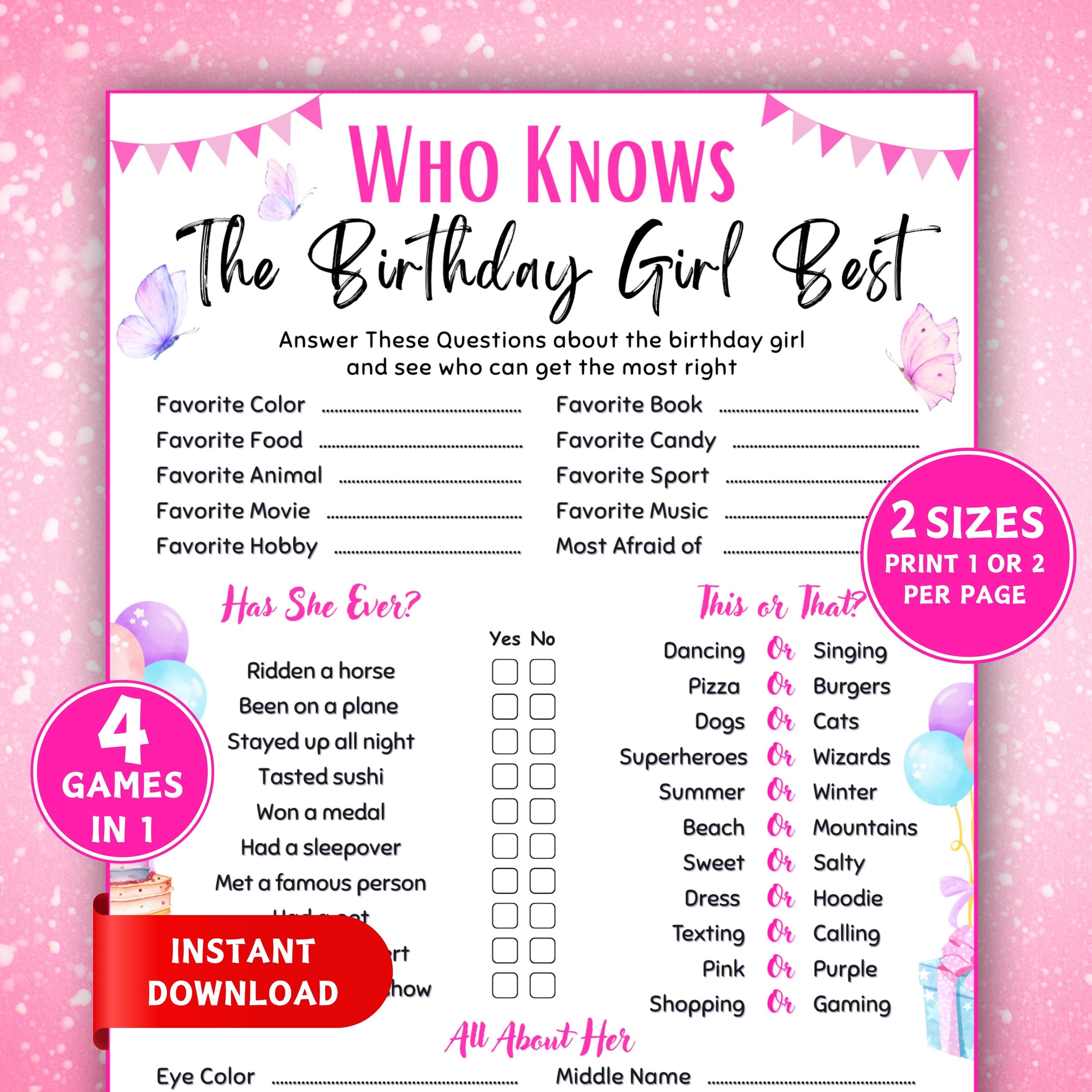 Chi conosce meglio la festeggiata? Gioco di compleanno stampabile, Gioco per feste di compleanno per adolescenti, Cosa preferirebbe?, Quiz a quiz per