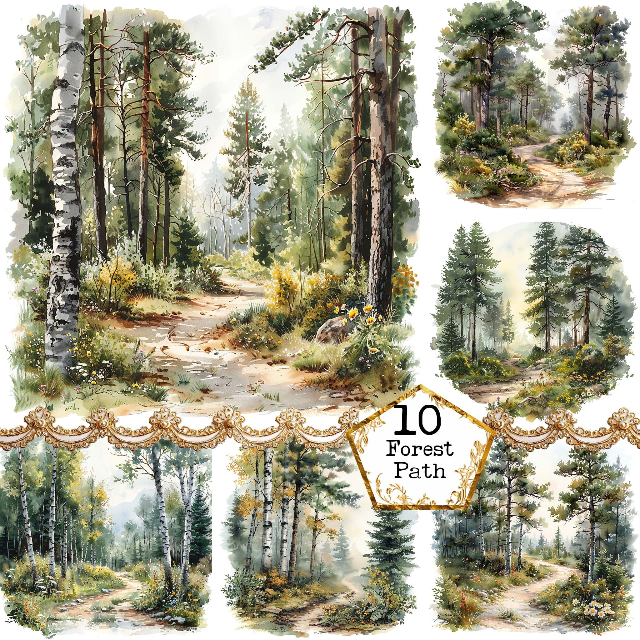 JPEG Acquerello Foresta Percorso Clipart Bundle JPEG Paesaggio Clipart Foresta Clipart Download immediato Artigianato di carta Junk Journal Scrapbooki