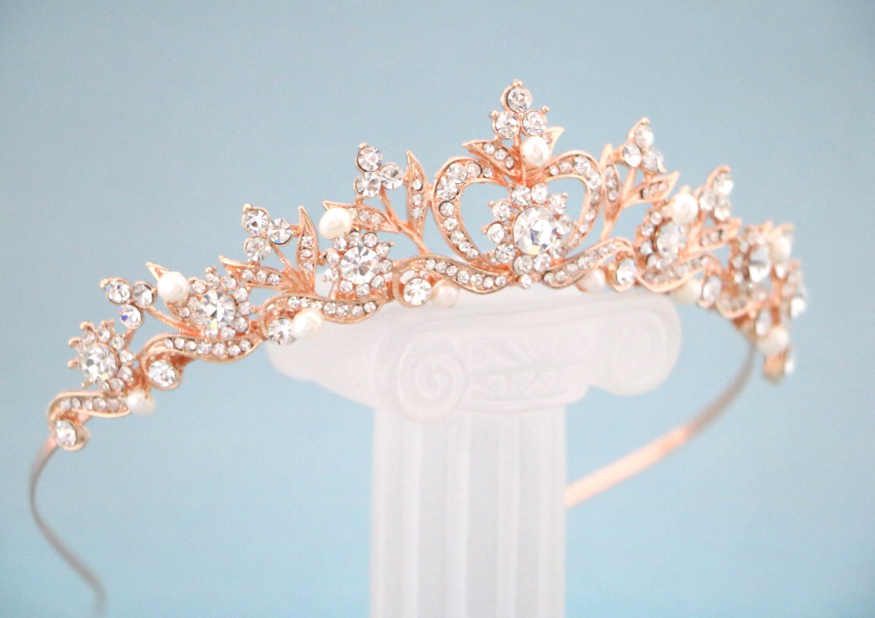 Tiara da sposa Tiara da sposa semplice in oro rosa Tiara di perle Tiara di cristallo Tiara di strass Gioielli per capelli da sposa Tiara Fascia per ca