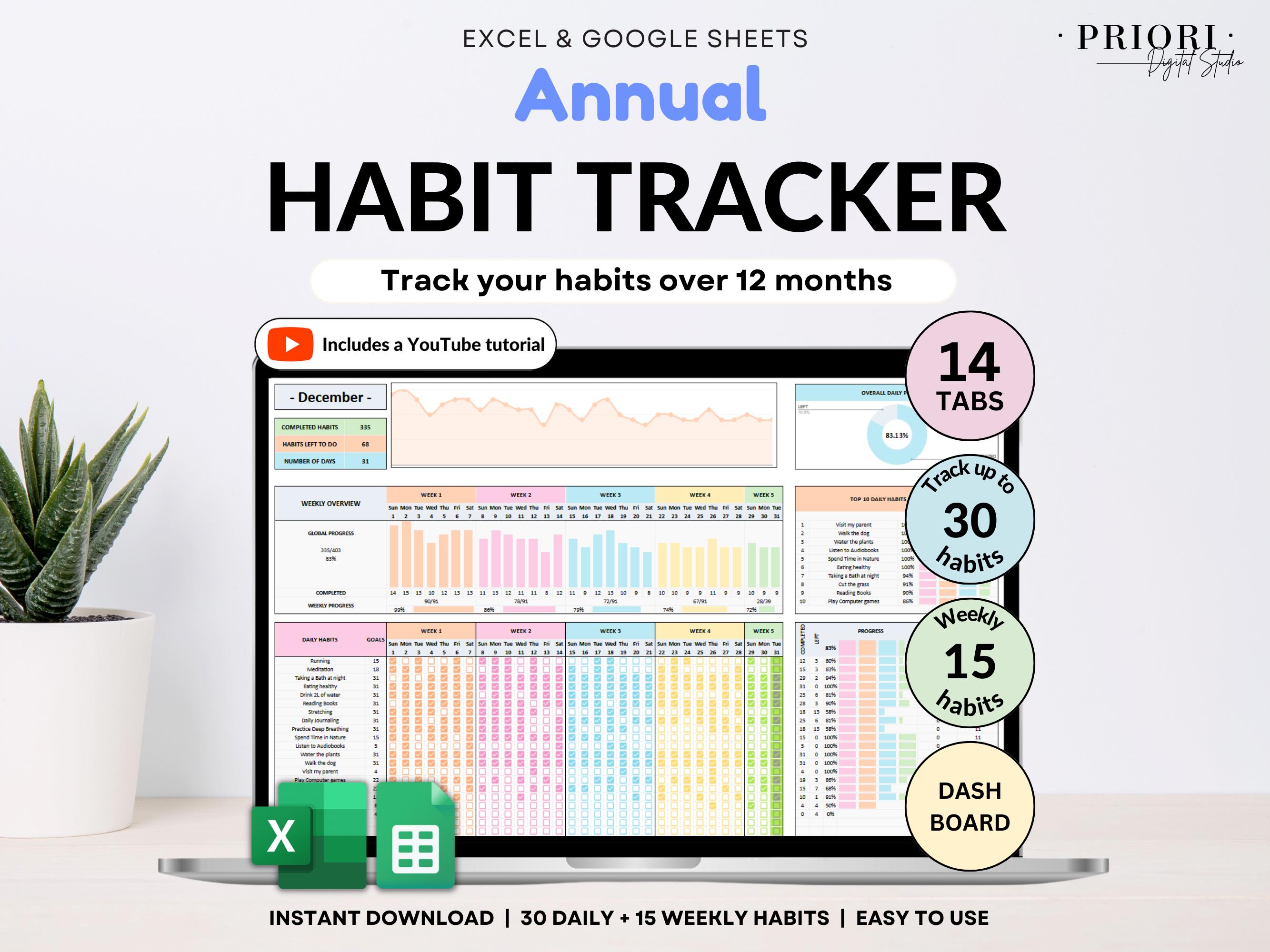 Foglio di calcolo per il monitoraggio delle abitudini annuali, Excel, Fogli Google, Planner giornaliero delle abitudini, Planner settimanale degli obi