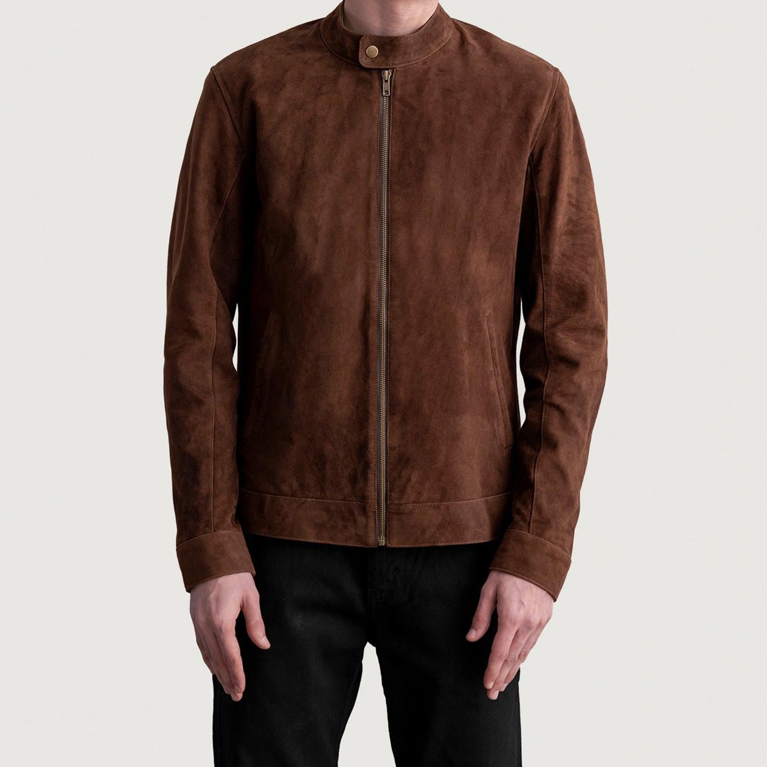 Giacca da uomo in vera pelle scamosciata marrone, giacca da motociclista in vera pelle scamosciata marrone, giacca da motociclista slim fit in pelle s