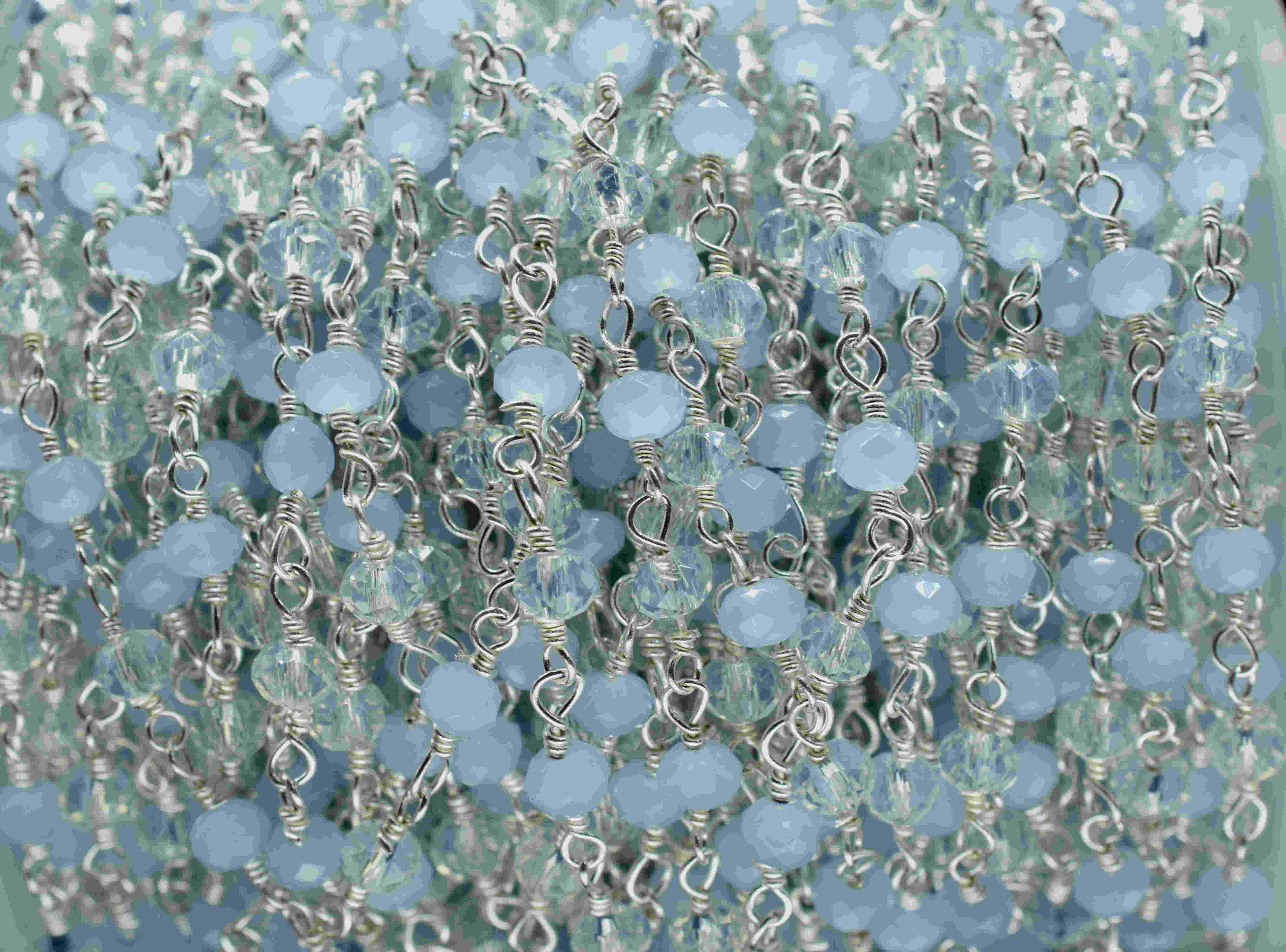 Catena con perline in calcedonio blu da 3 mm, catena con perline sfaccettate in stile rosario, catena con perline avvolte in filo metallico, maglie in