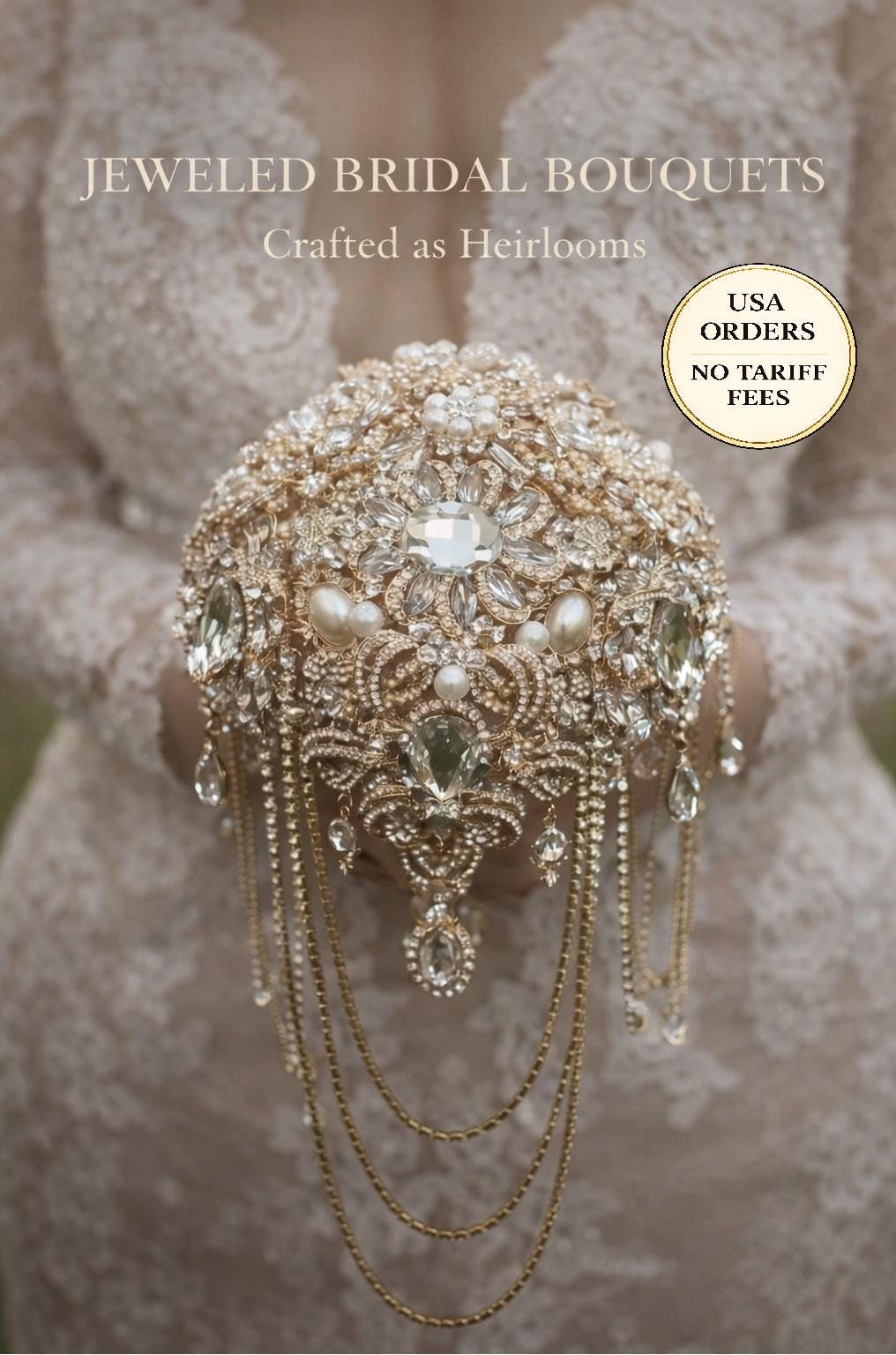 Bouquet da sposa con spilla in cristallo dorato - Glam Art Deco Cascade, bouquet da sposa di lusso fatto a mano