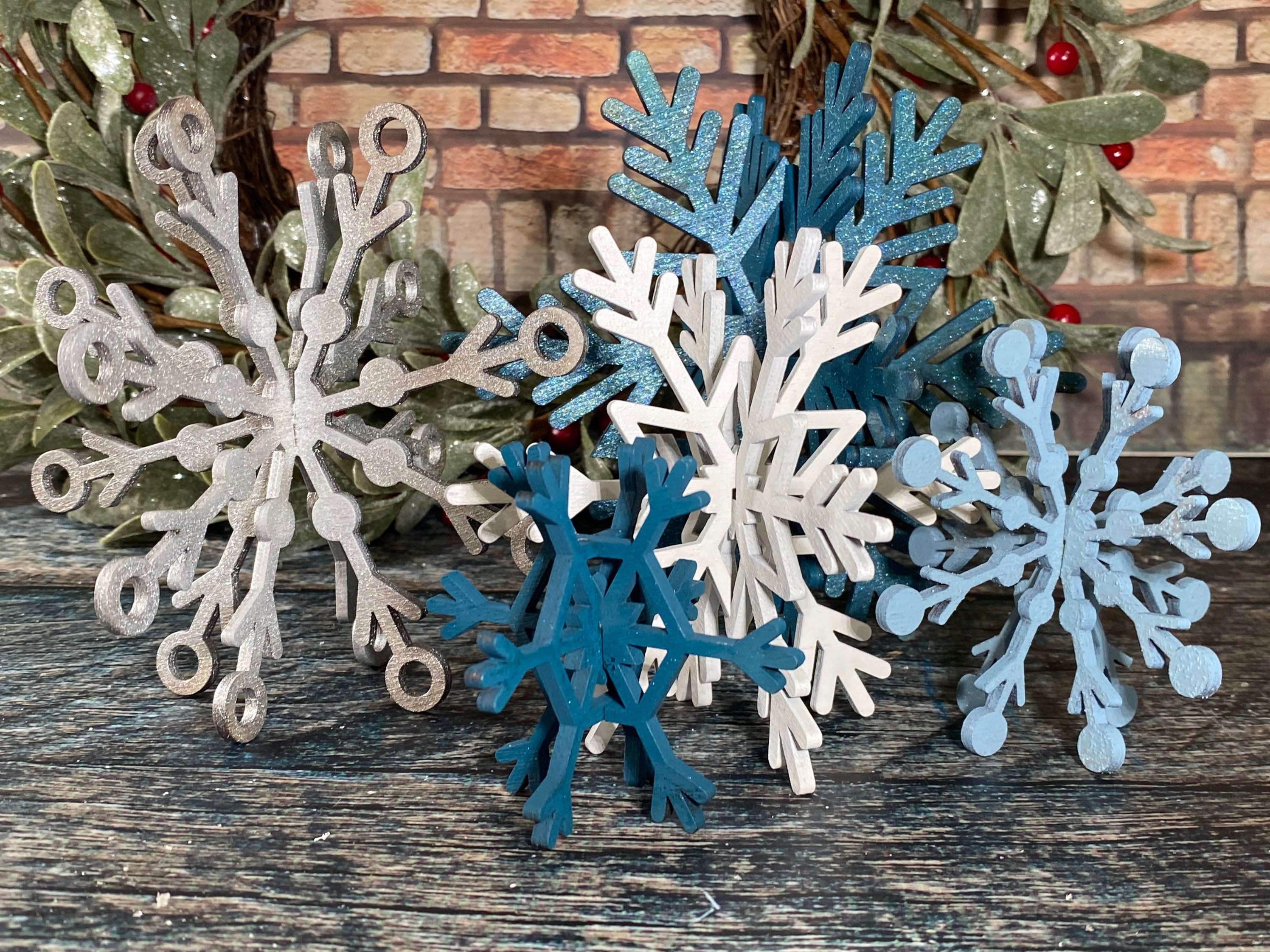 Set di 5 fiocchi di neve in legno, decorazioni natalizie, vassoio a più livelli natalizio, decorazioni invernali, vassoio a più livelli stagionale, va