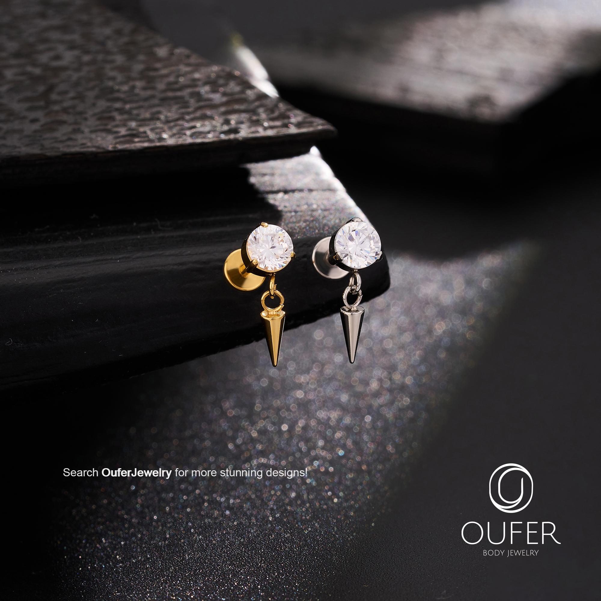Orecchino a perno con zirconi cubici filettati internamente da 16G con ciondolo a punta - Orecchino per cartilagine in argento/oro per piercing all'el