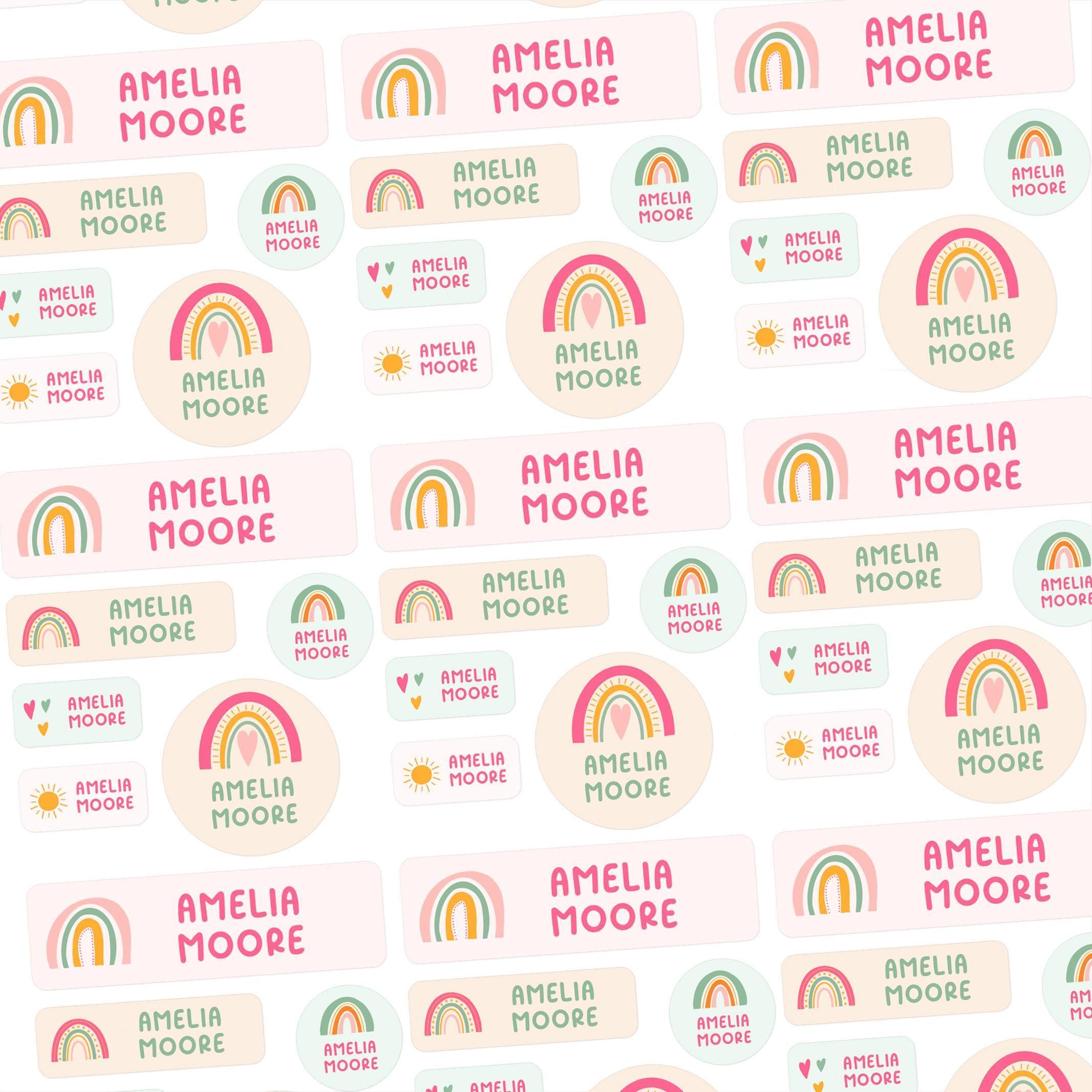 Adesivi con nome in vinile impermeabili, etichette con nome personalizzate arcobaleno, etichette scolastiche, etichette per asili nido, etichette per
