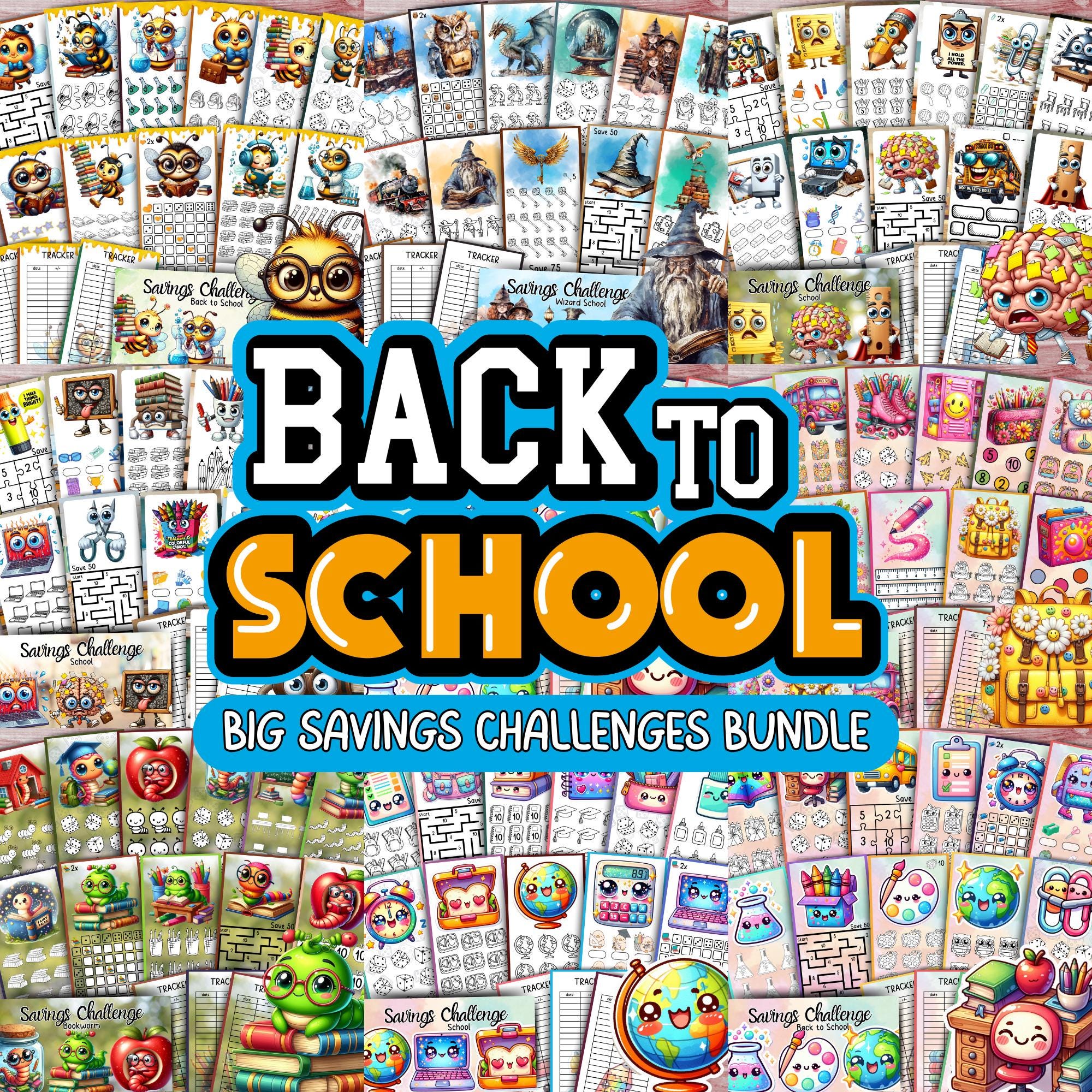 Pacchetto di sfide per il risparmio scolastico BIG con 99 sfide, raccoglitore di budget, sfide digitali Kawaii, busta stampabile, metodo
