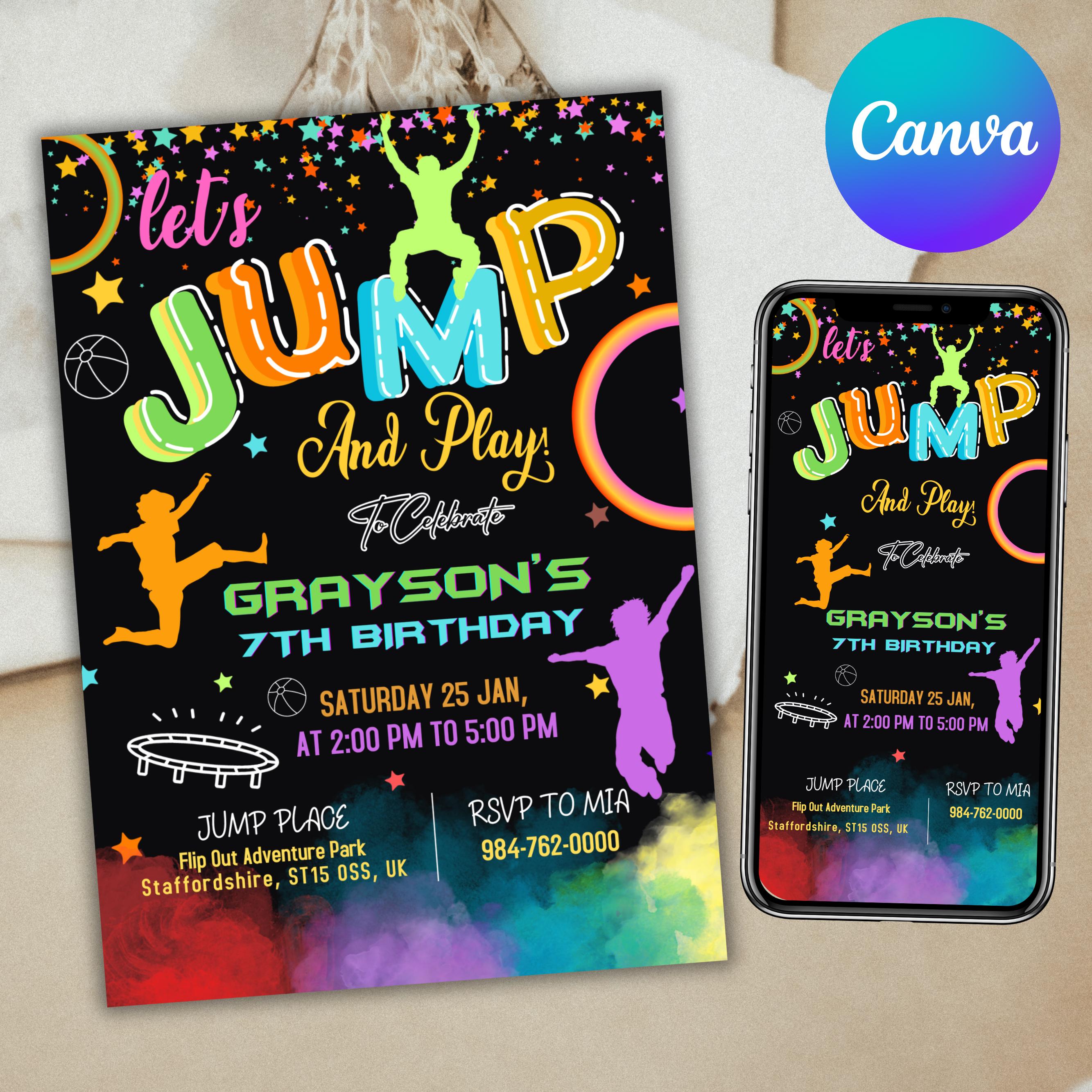 Invito di compleanno Jump, invito Jump, festa Let's Jump, invito di compleanno per festa sul trampolino, castello gonfiabile, festa Let's Jump, modifi