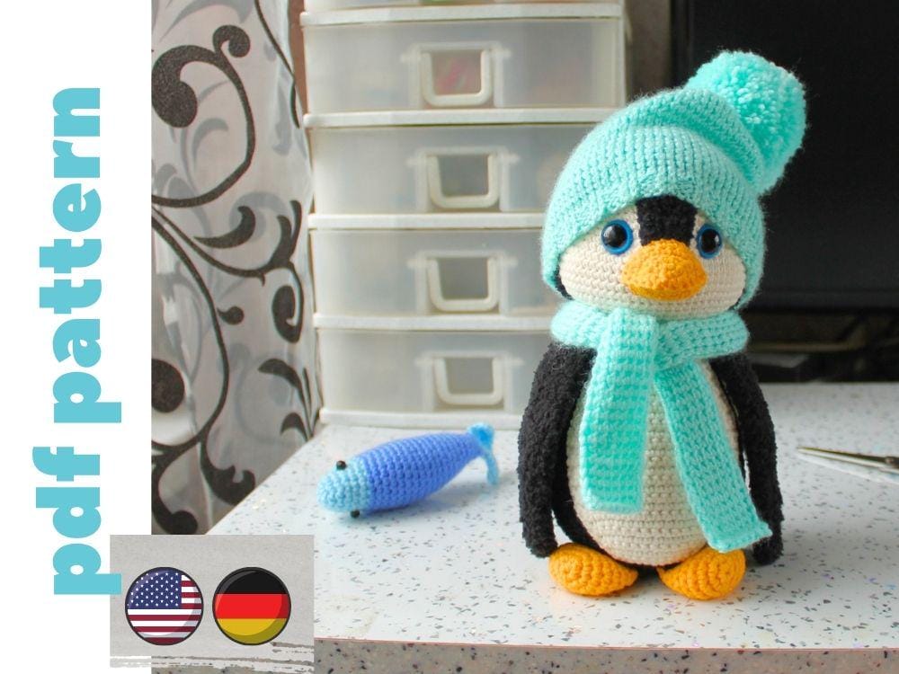 Schema pinguino all'uncinetto PDF. schema pinguino all'uncinetto in inglese edesco. Pinguino amigurumi. motivo natalizio all'uncinetto. modello amigu