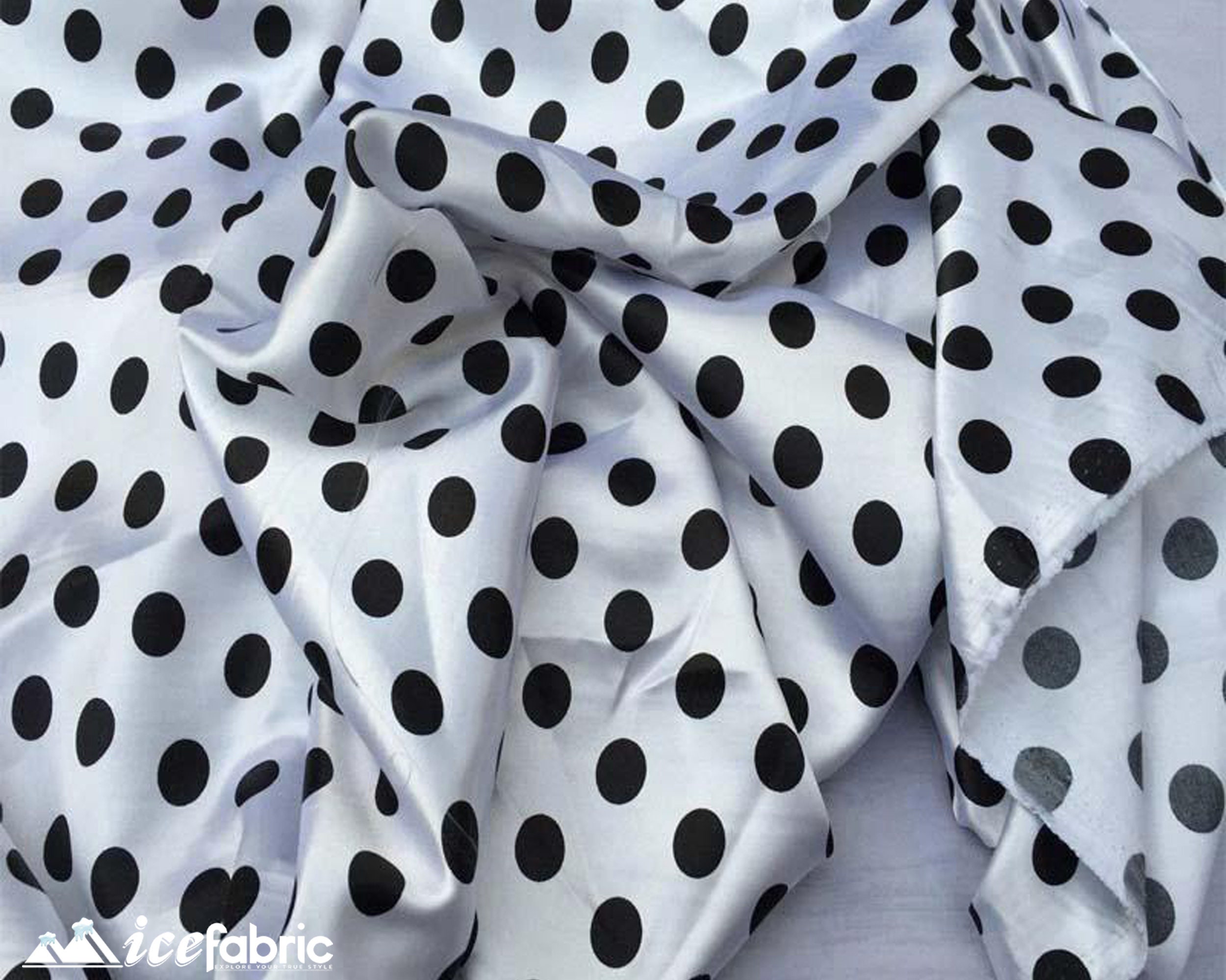 Tessuto in raso a pois di seta nero su bianco da 1/2 pollice tagliato su misura / Tessuto in raso charmeuse di seta largo 60'' con stampa a pois neri