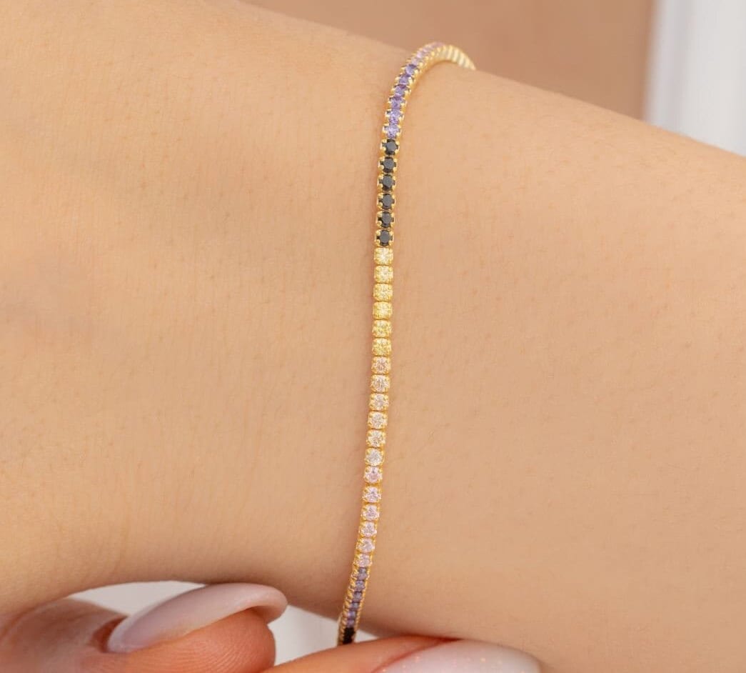 Bracciale tennis, Bracciale tennis in oro, Bracciale tennis arcobaleno, Bracciale delicato, Bracciale tennis con diamanti, Regalo per lei, Bracciale m