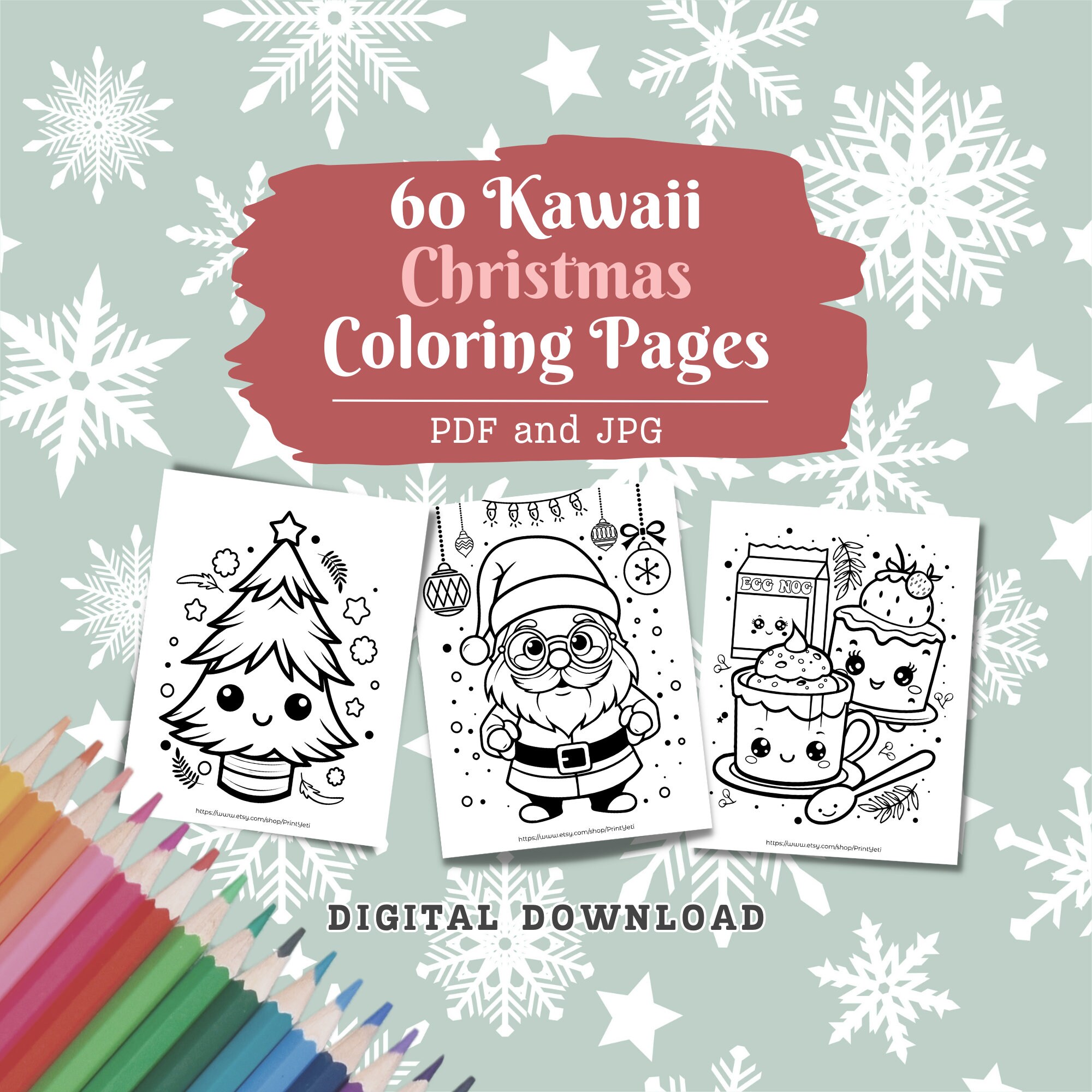 Pagine da colorare di Natale kawaii, 60 pagine, colorazione carina, regali kawaii, kawaii carino, anime kawaii, colorazione kawaii, Babbo Natale, down
